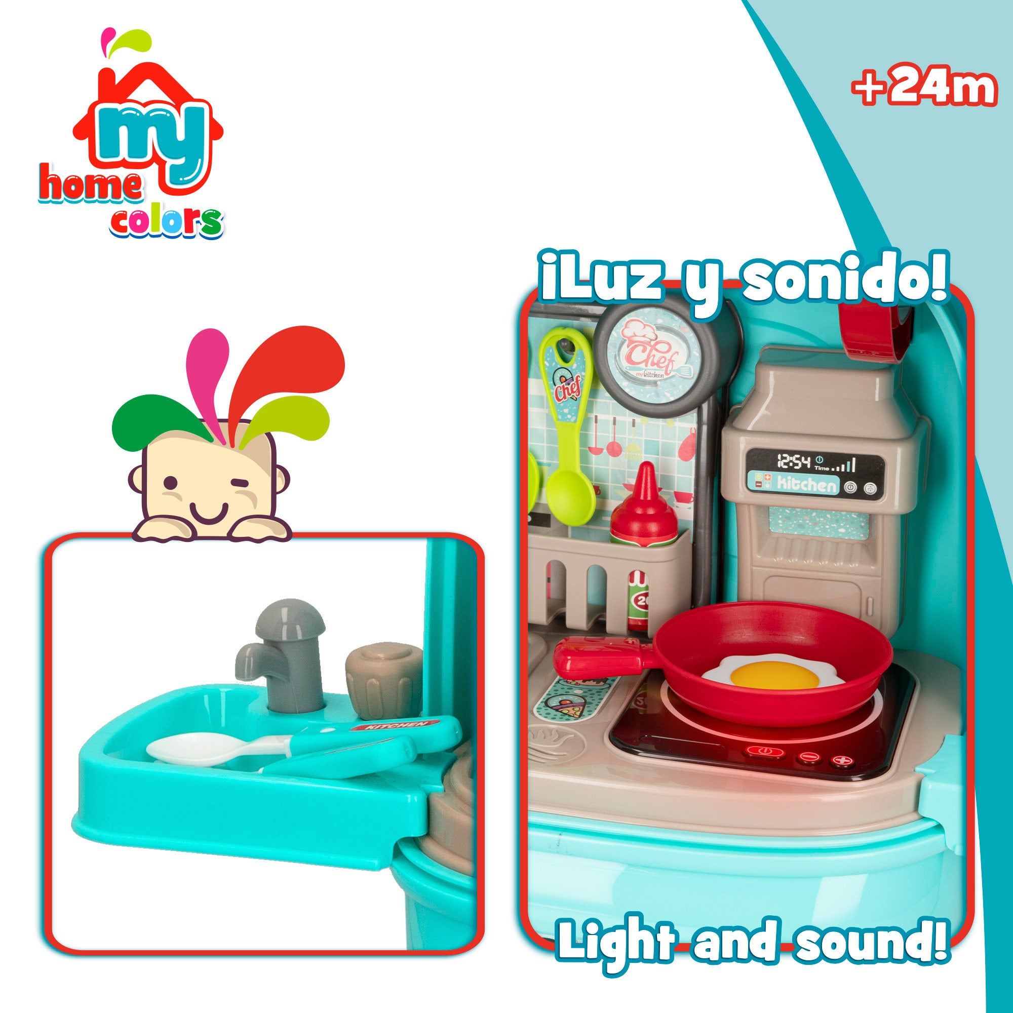 Cozinha de brinquedo portátil 2 em 1 My Home Colors com luz e som.