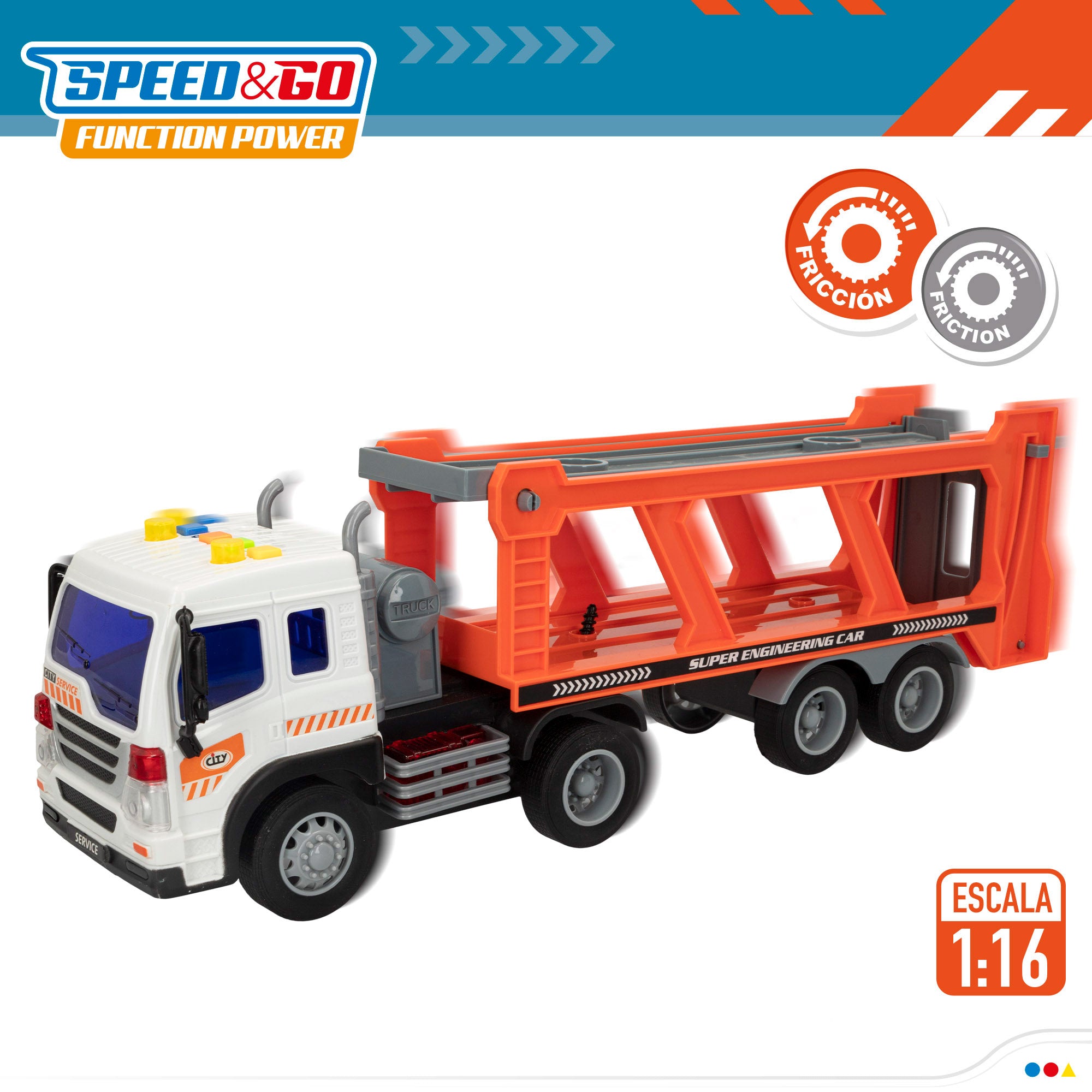 Camião transportador de automóveis Speed ​​​​&amp; Go com fricção, luzes e sons.