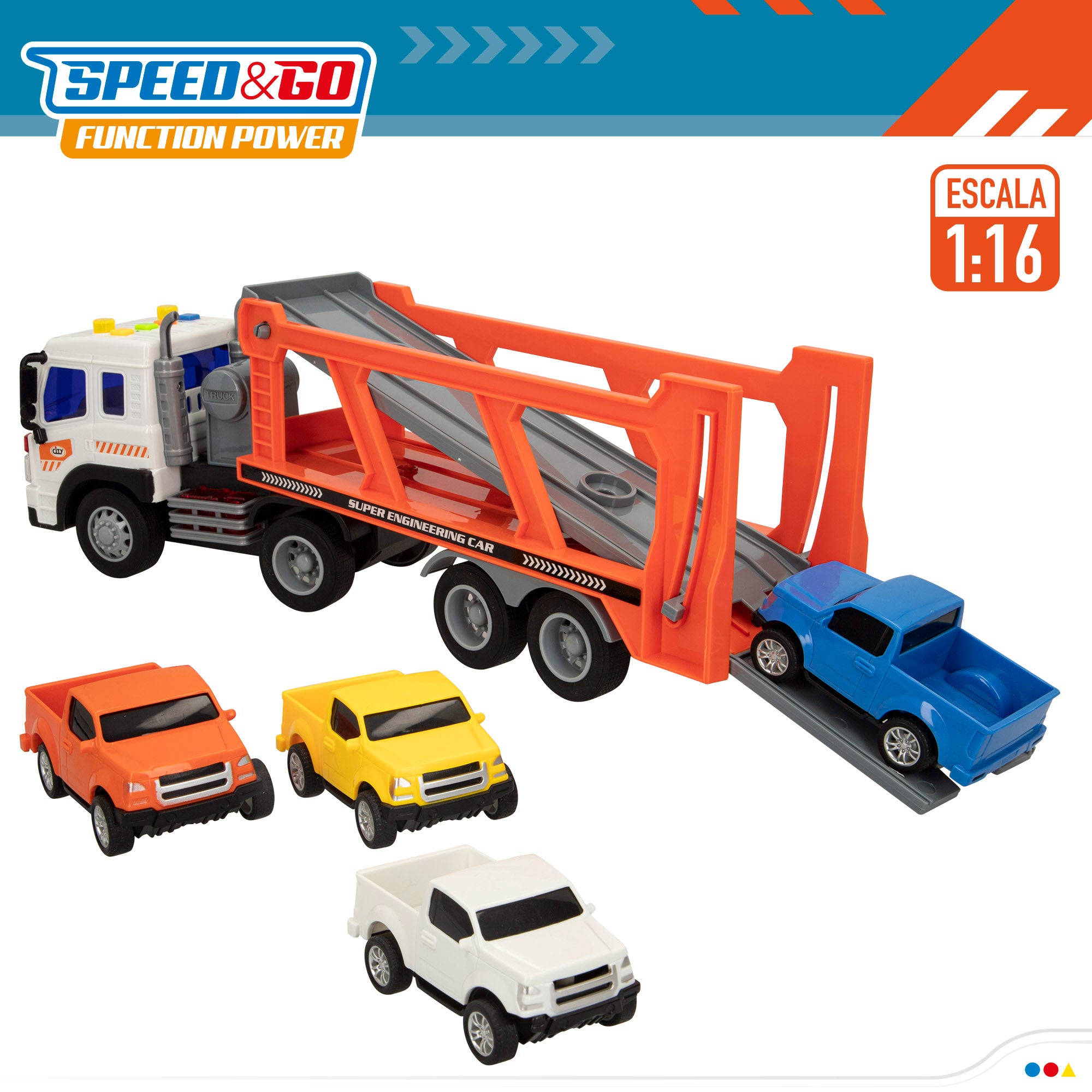 Camião transportador de automóveis Speed ​​​​&amp; Go com fricção, luzes e sons.