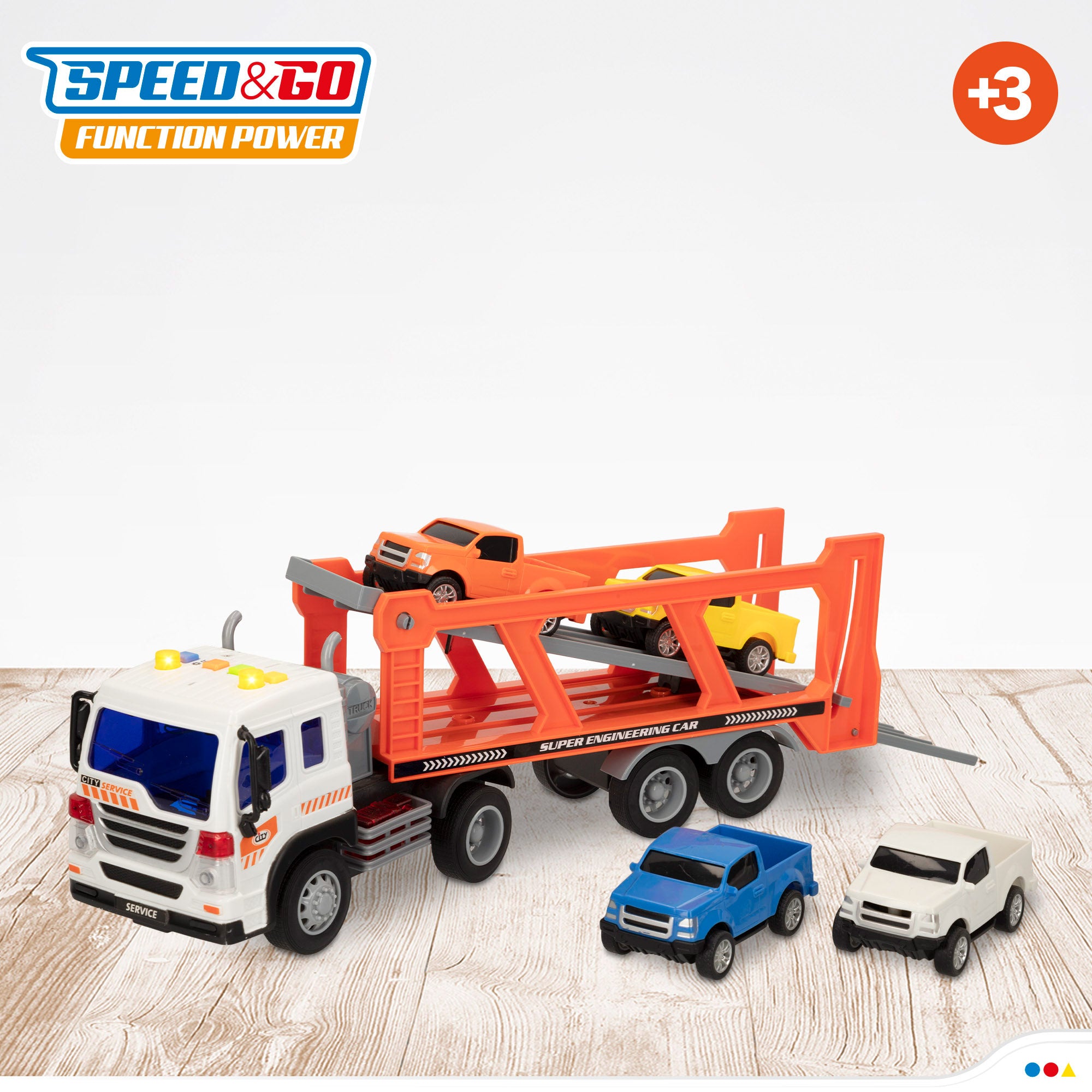 Camião transportador de automóveis Speed ​​​​&amp; Go com fricção, luzes e sons.