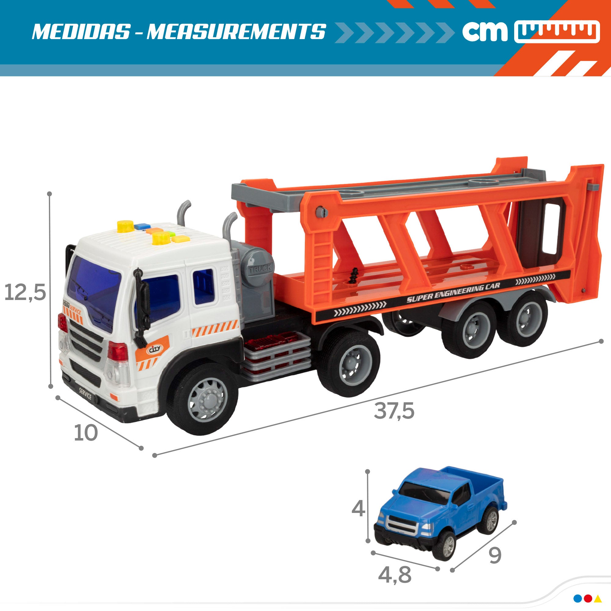Camião transportador de automóveis Speed ​​​​&amp; Go com fricção, luzes e sons.
