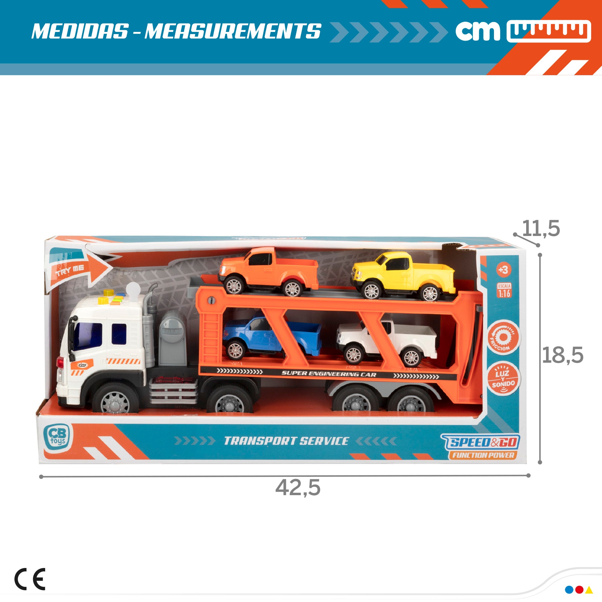 Camião transportador de automóveis Speed ​​​​&amp; Go com fricção, luzes e sons.