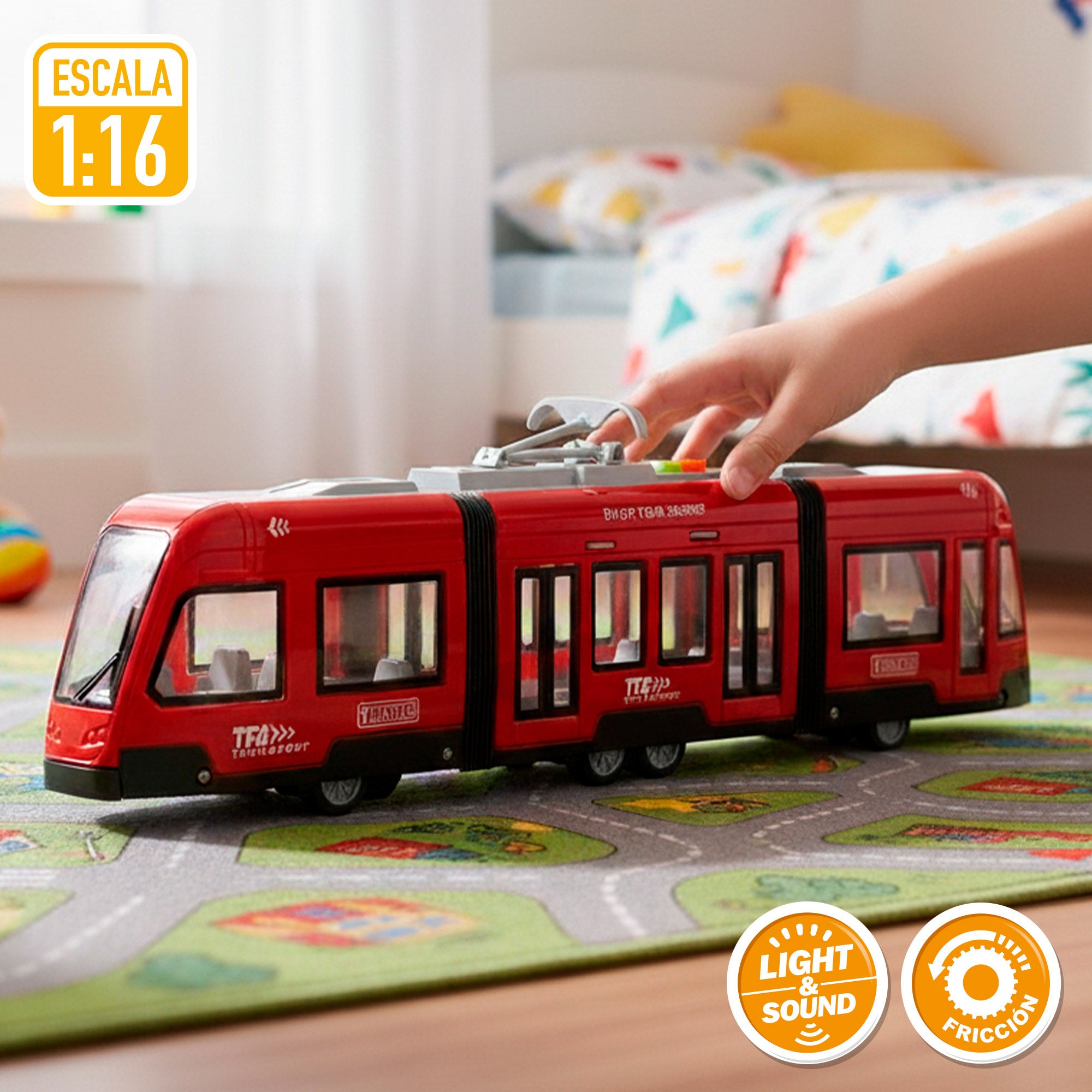 Eléctrico de brinquedo Speed&amp; Go à escala 1:16 com luzes e sons.