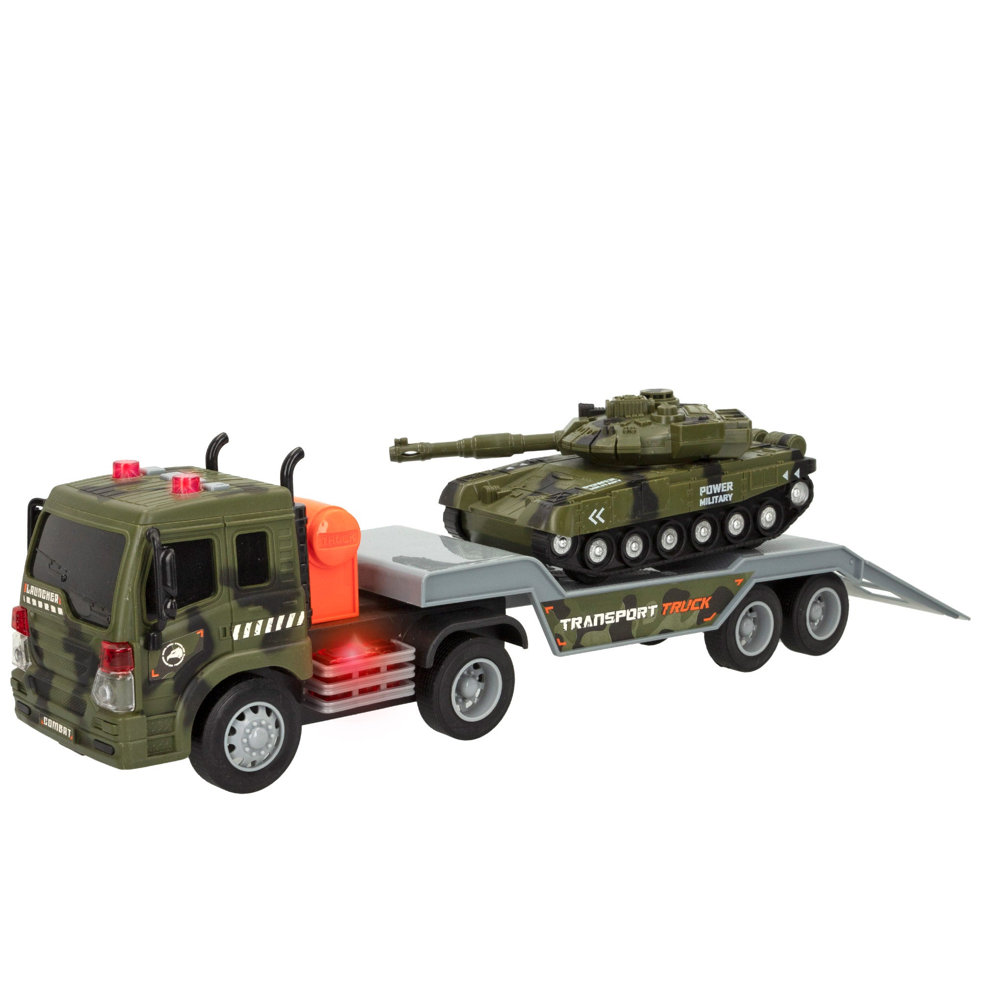 Camião de brinquedo Speed ​​​​&amp; Go Military Car Carrier com luz e som.