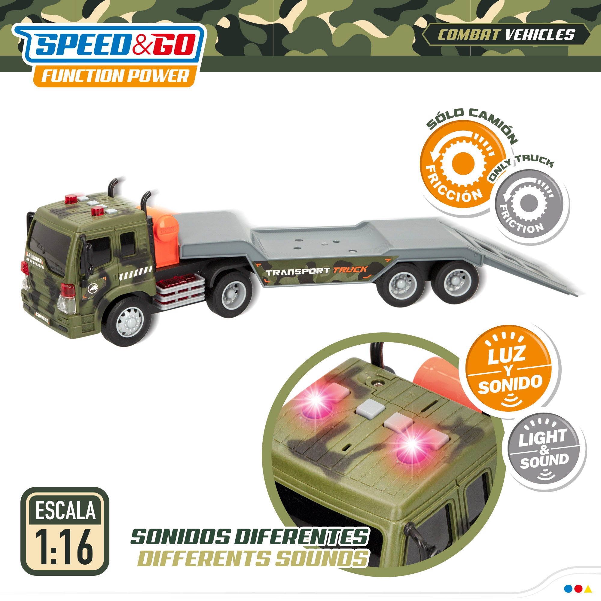 Camião de brinquedo Speed ​​​​&amp; Go Military Car Carrier com luz e som.