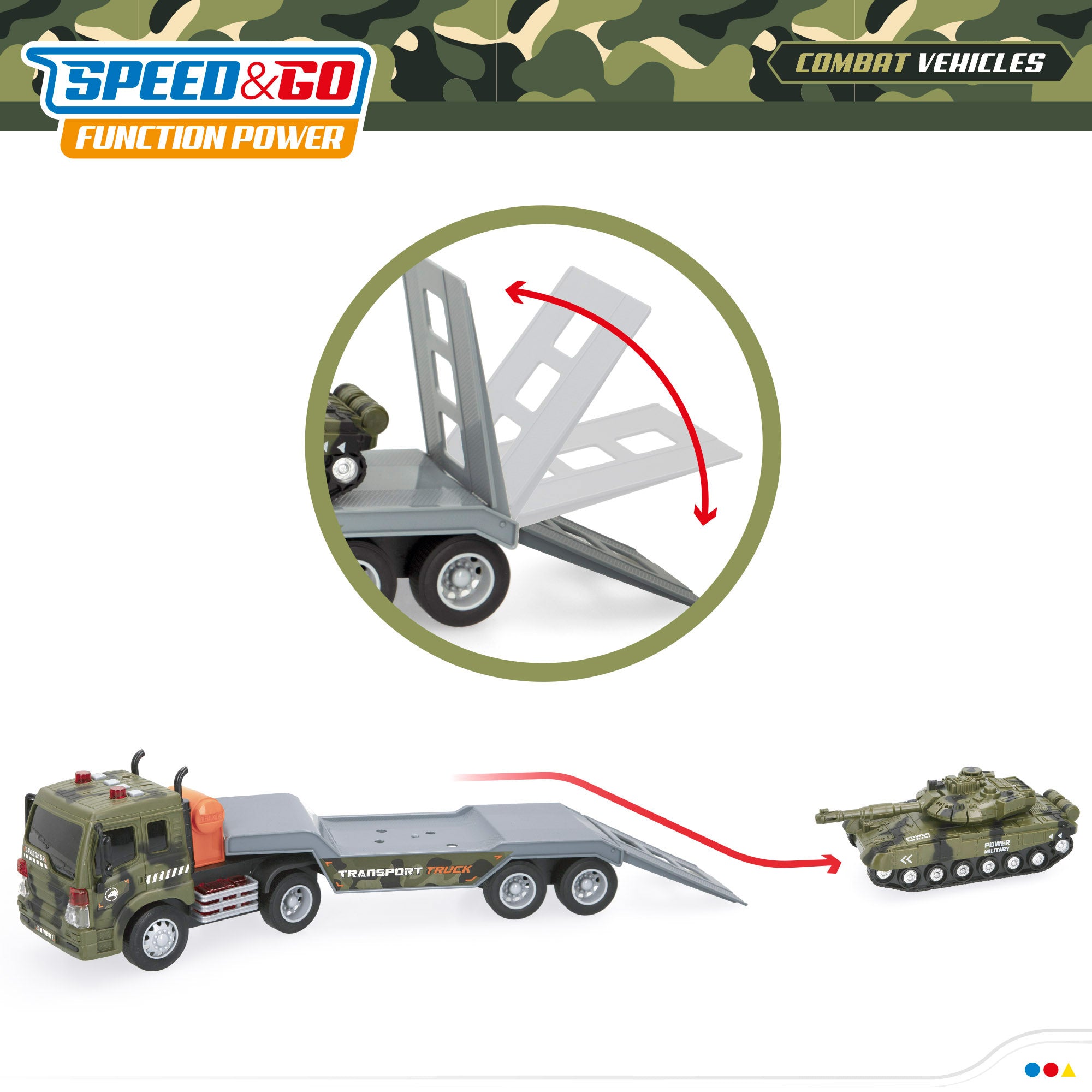 Camião de brinquedo Speed ​​​​&amp; Go Military Car Carrier com luz e som.