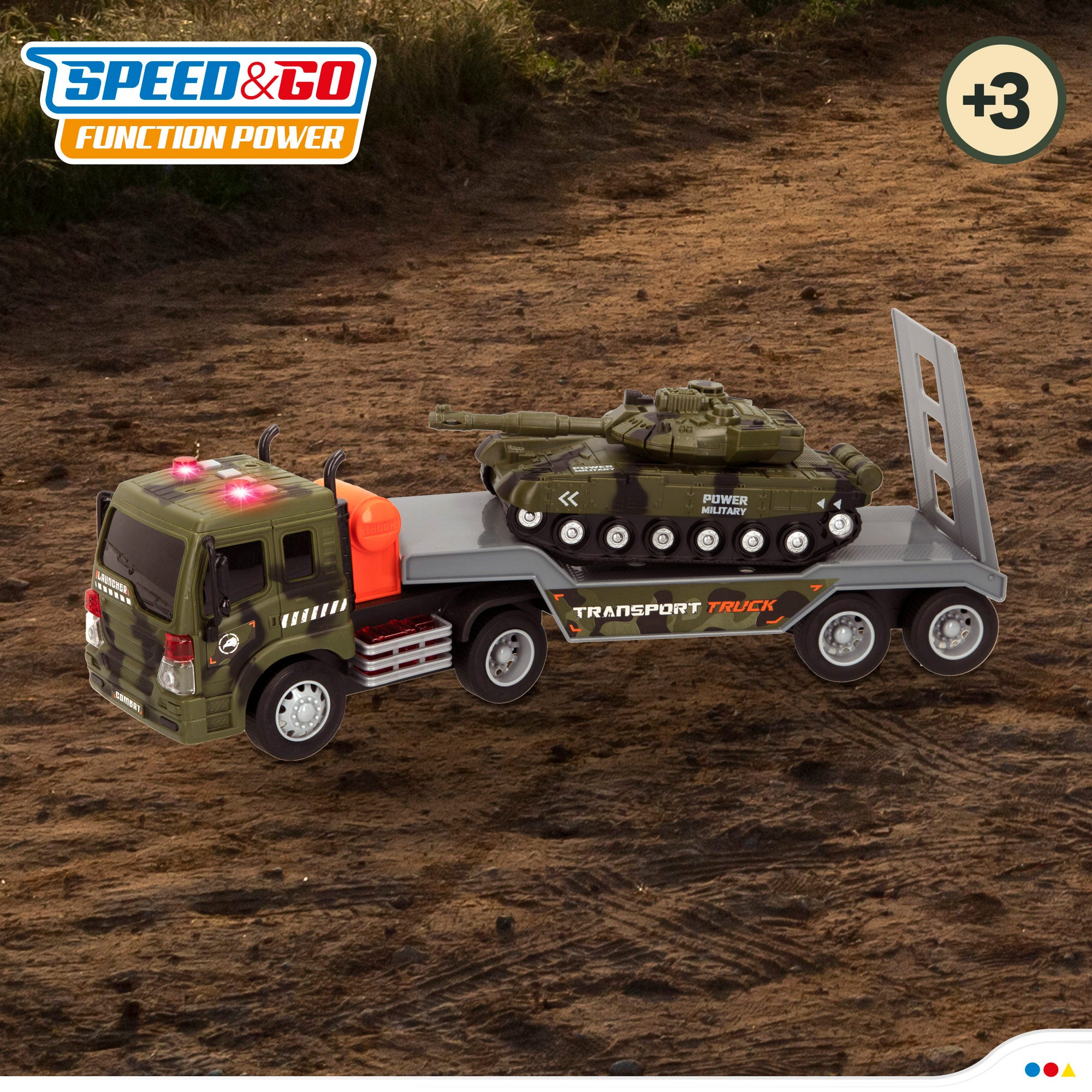 Camião de brinquedo Speed ​​​​&amp; Go Military Car Carrier com luz e som.