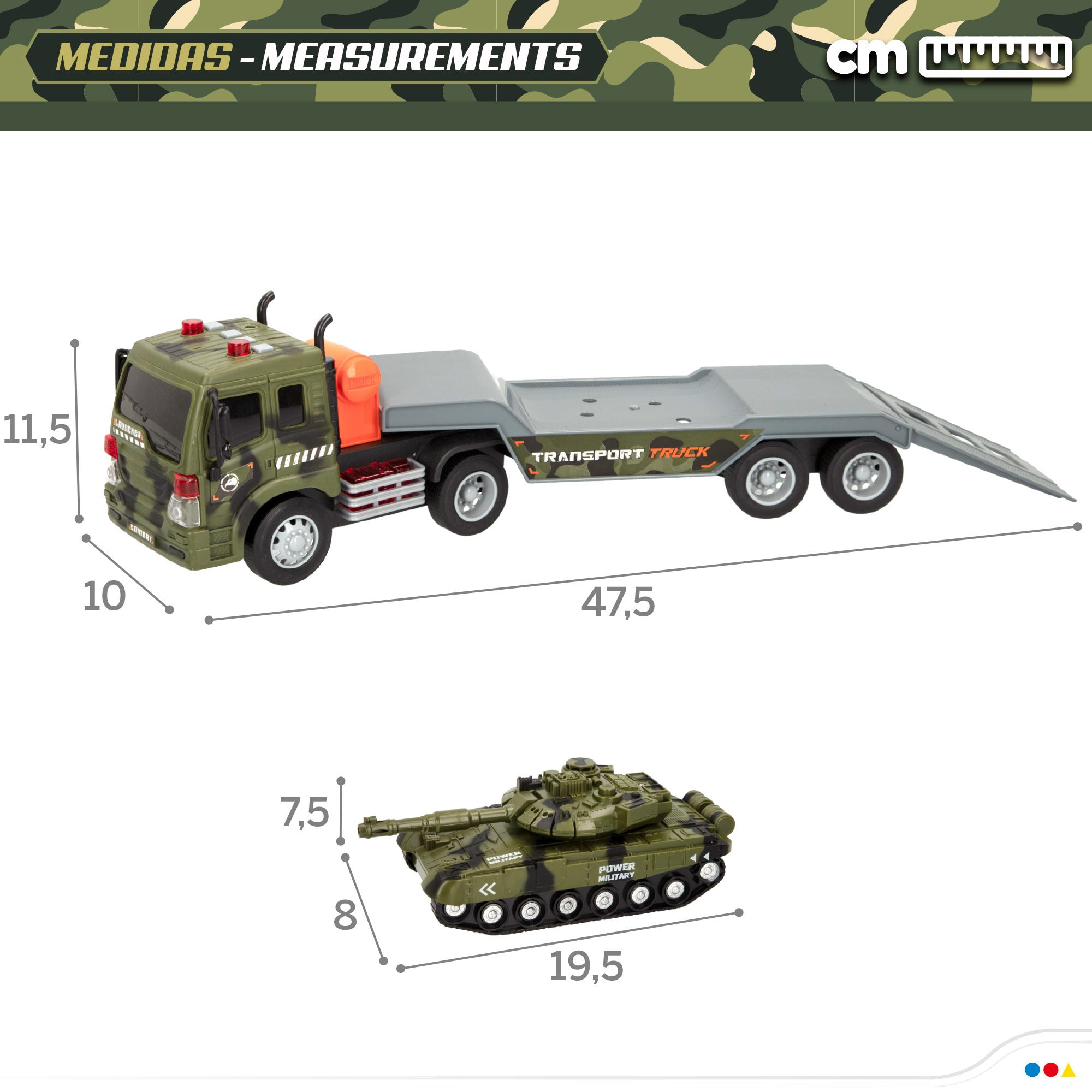 Camião de brinquedo Speed ​​​​&amp; Go Military Car Carrier com luz e som.