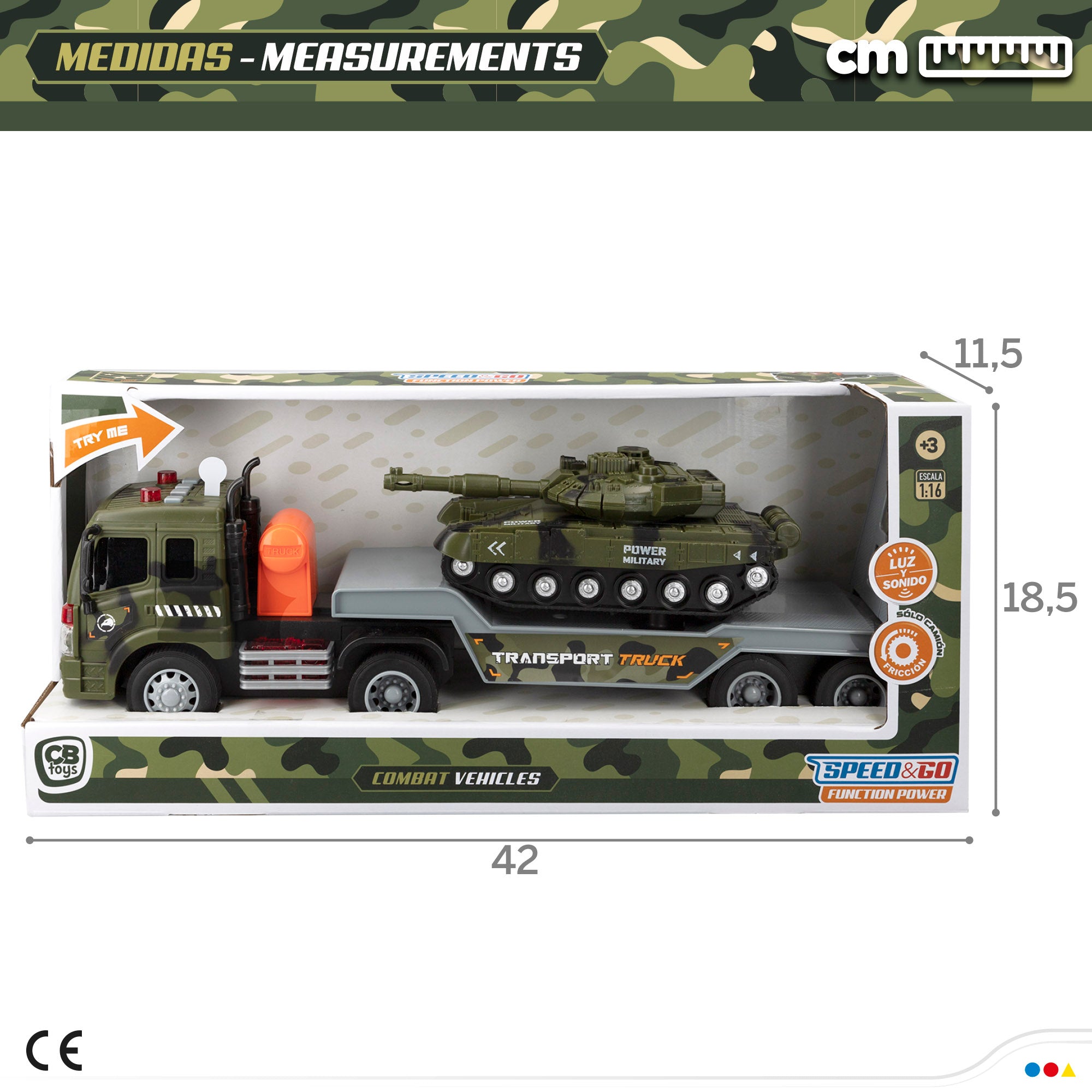 Camião de brinquedo Speed ​​​​&amp; Go Military Car Carrier com luz e som.