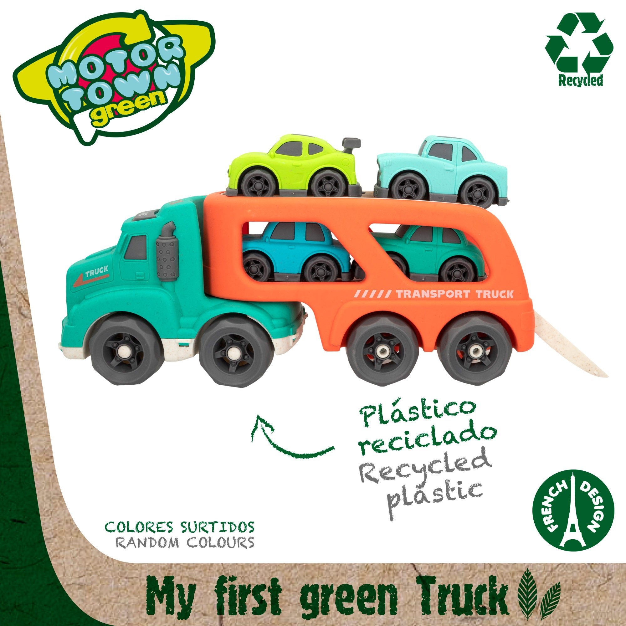 Camião transportador de carrinhos de brinquedo verde Motor Town com luzes e sons.