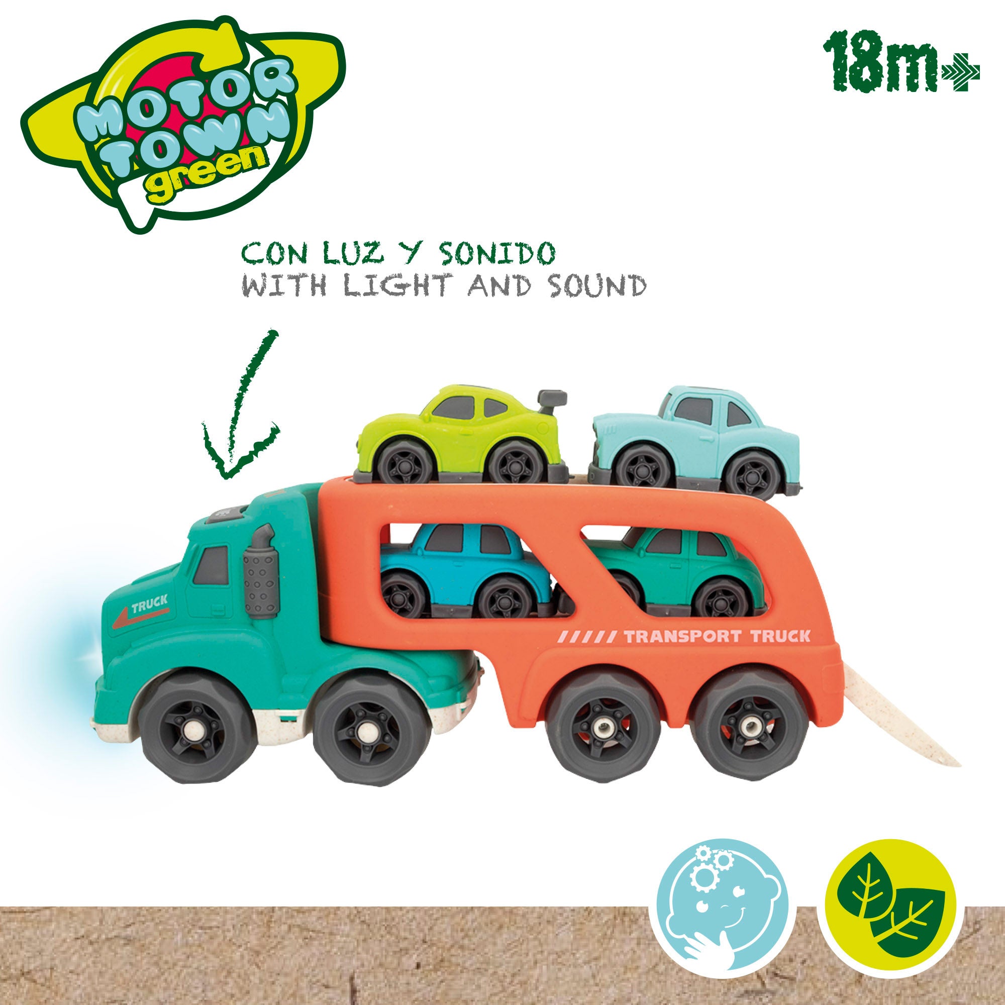Camião transportador de carrinhos de brinquedo verde Motor Town com luzes e sons.