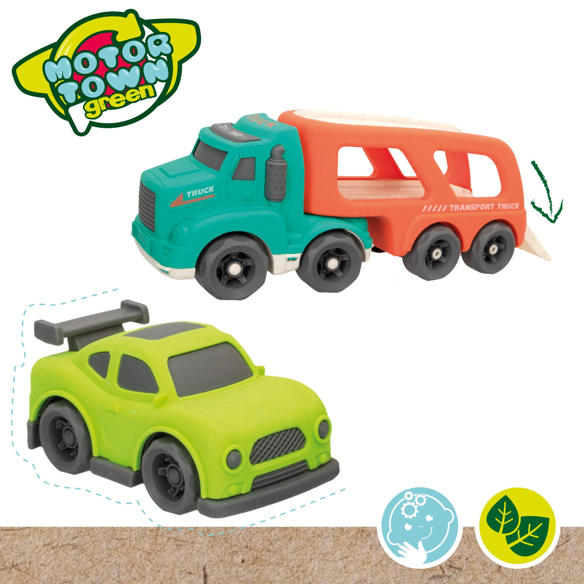 Camião transportador de carrinhos de brinquedo verde Motor Town com luzes e sons.