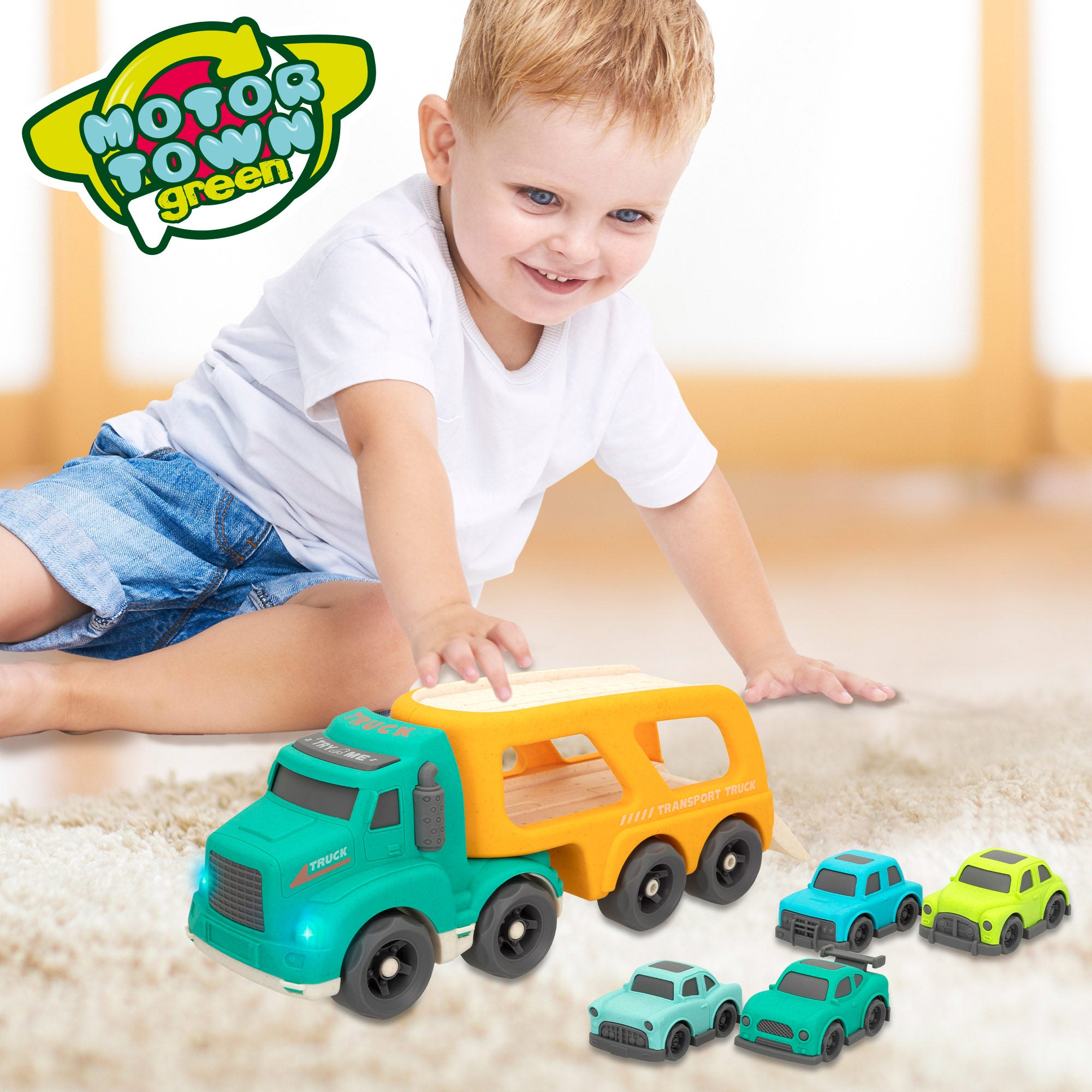 Camião transportador de carrinhos de brinquedo verde Motor Town com luzes e sons.