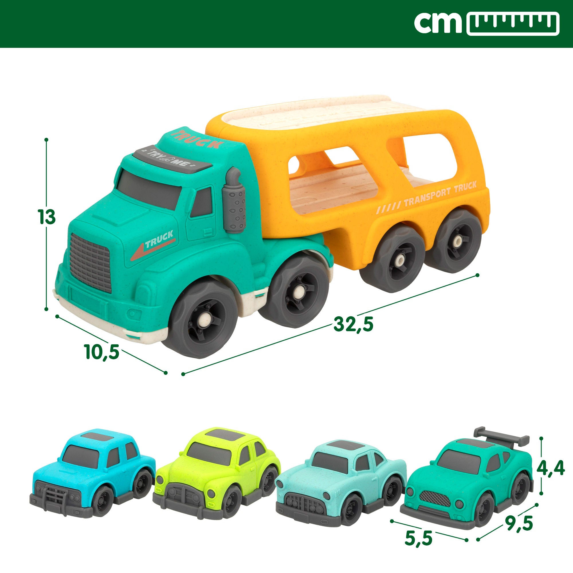 Camião transportador de carrinhos de brinquedo verde Motor Town com luzes e sons.