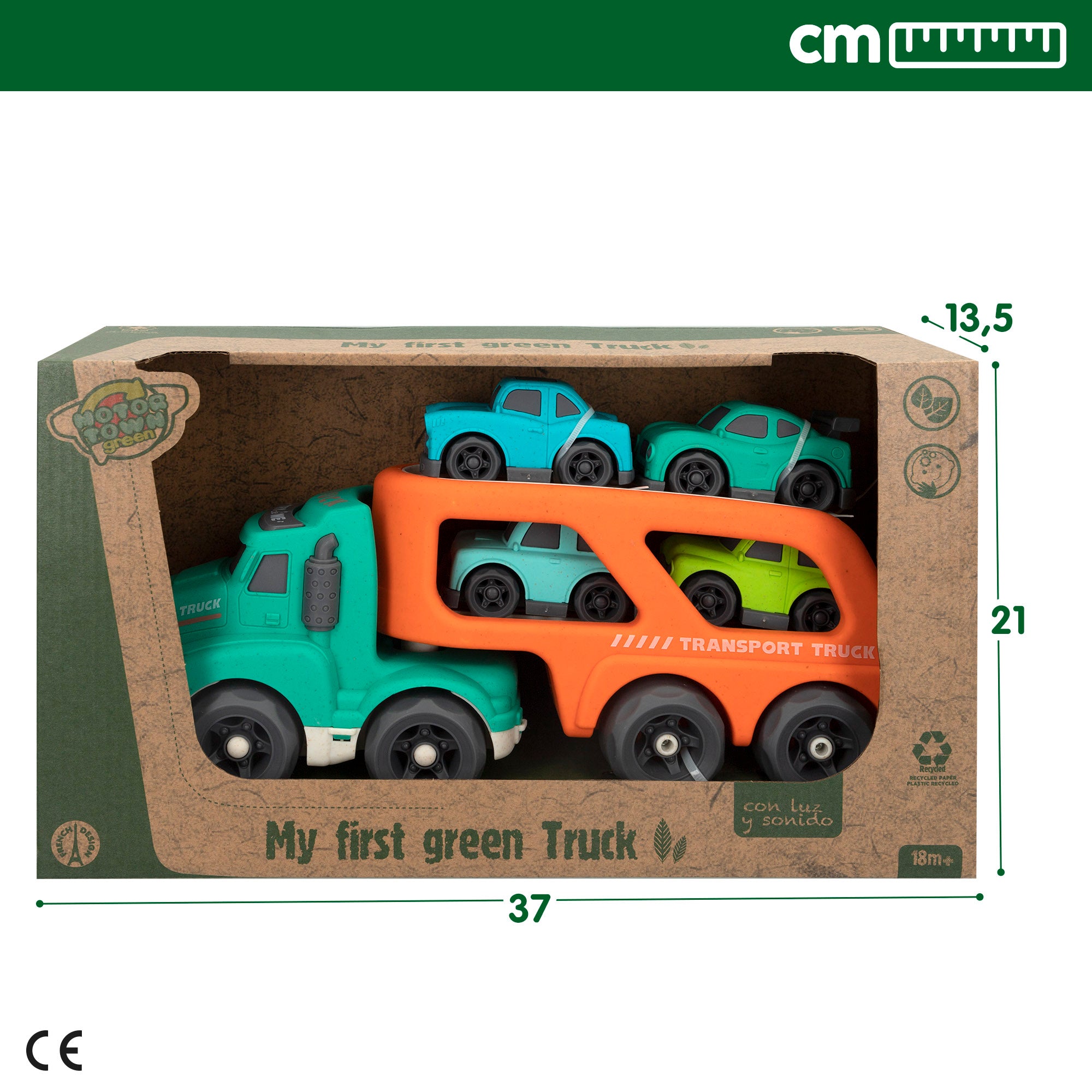 Camião transportador de carrinhos de brinquedo verde Motor Town com luzes e sons.