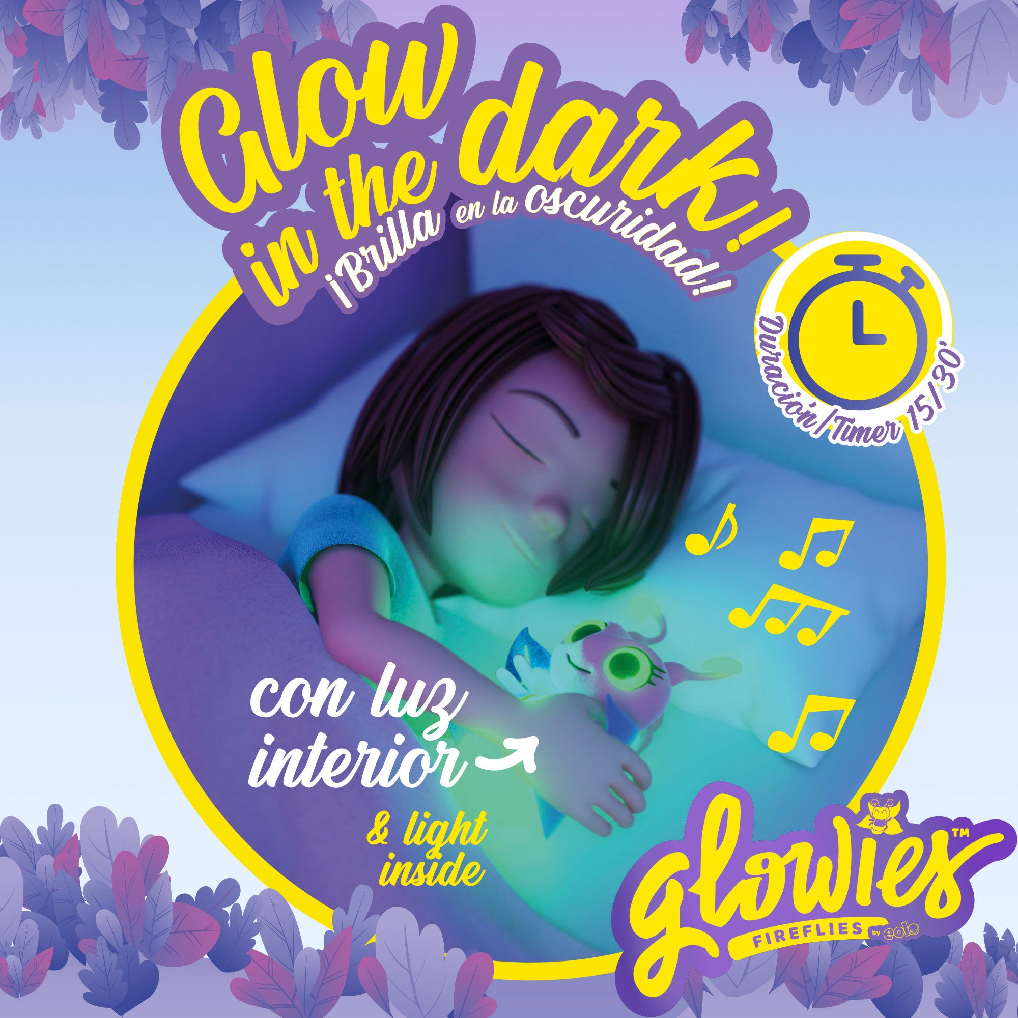 Peluche Glowies com luz e som para dormir, azul.