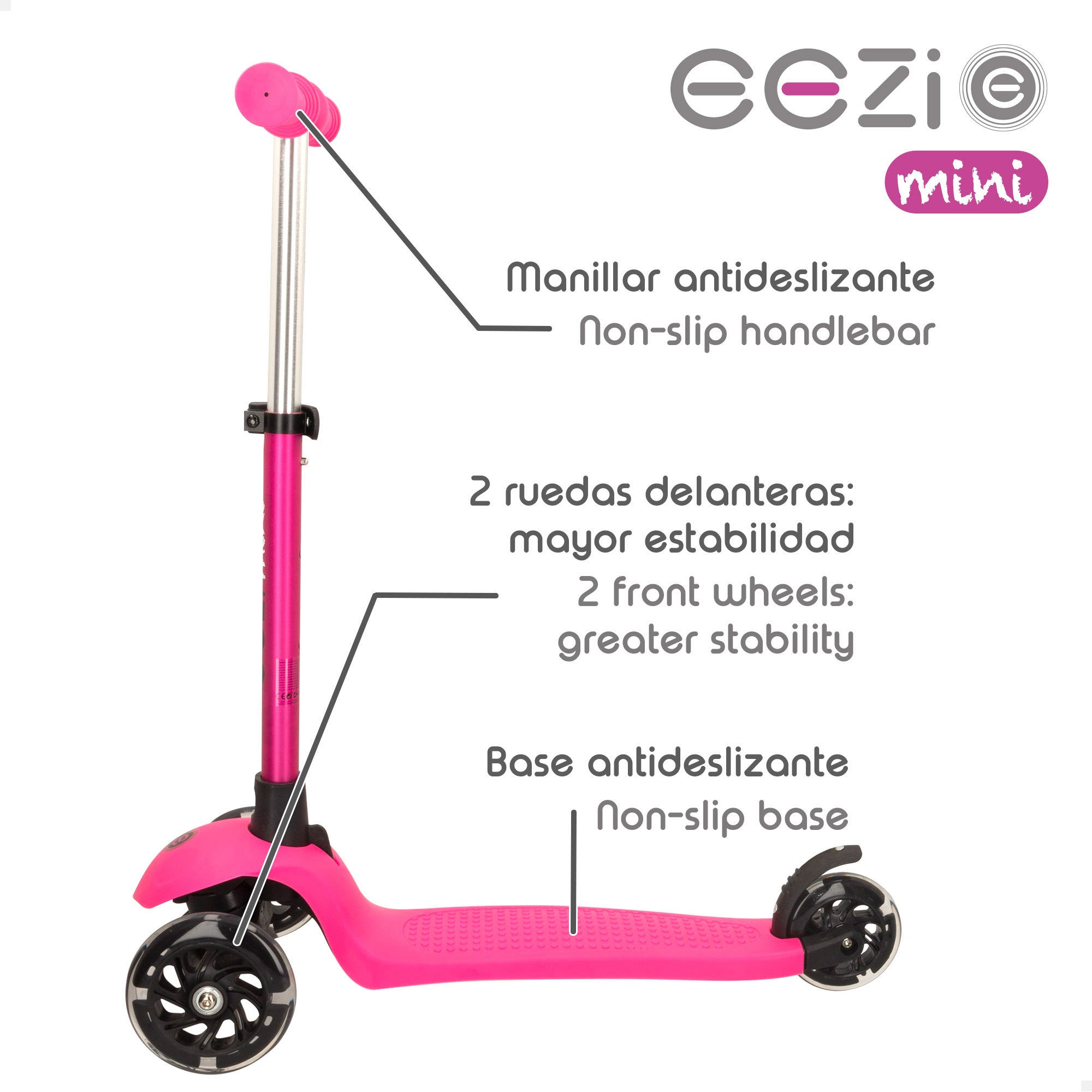Trotinete EEZI Fuchsia de 3 rodas com luzes e guiador amovível