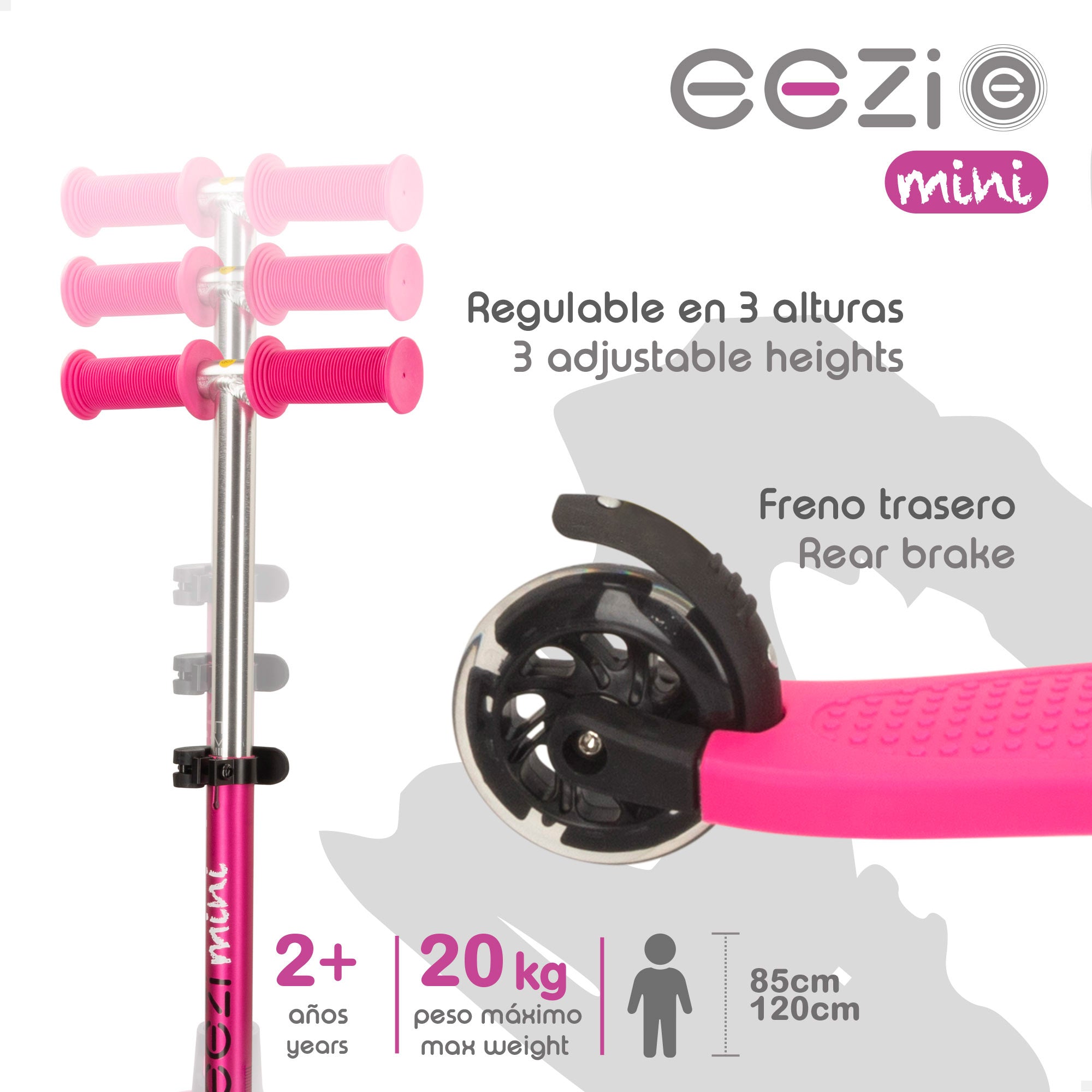 Trotinete EEZI Fuchsia de 3 rodas com luzes e guiador amovível
