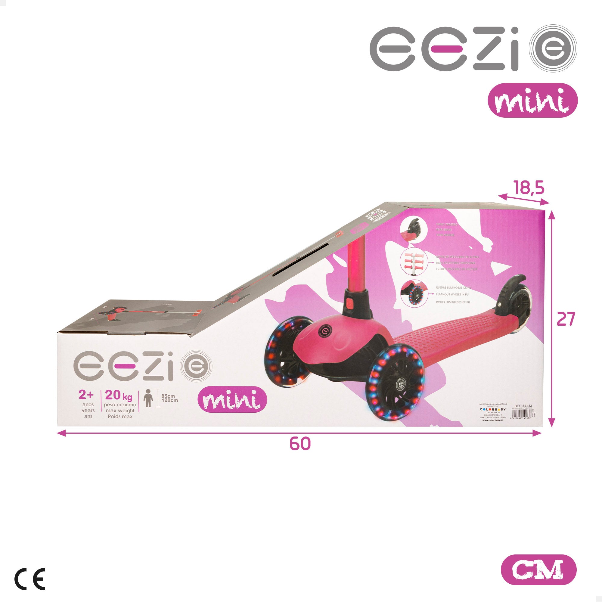 Trotinete EEZI Fuchsia de 3 rodas com luzes e guiador amovível