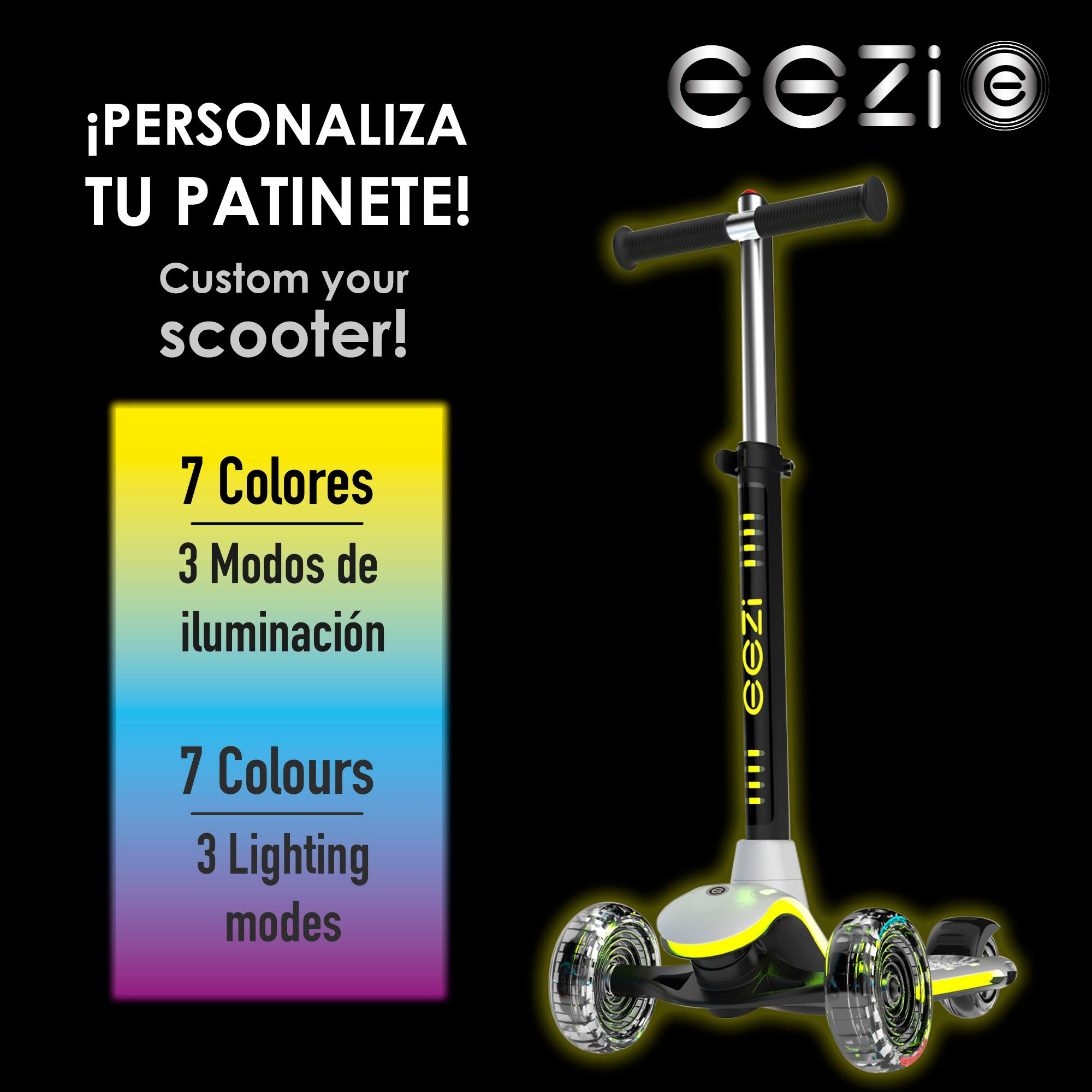 Trotinete EEZI branca de 3 rodas com luzes multicoloridas personalizáveis