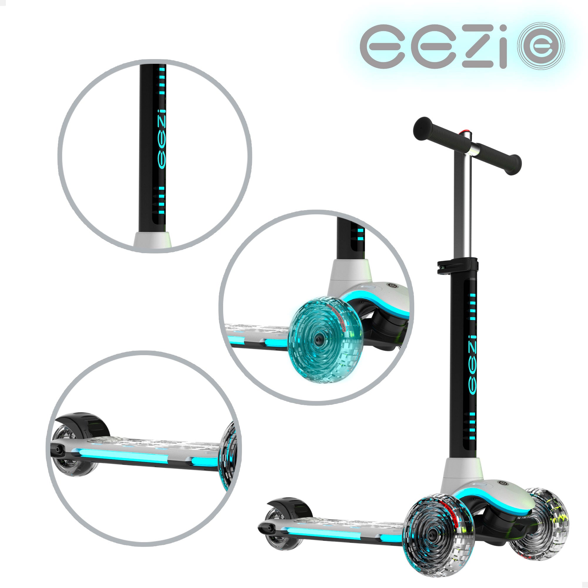 Trotinete EEZI branca de 3 rodas com luzes multicoloridas personalizáveis