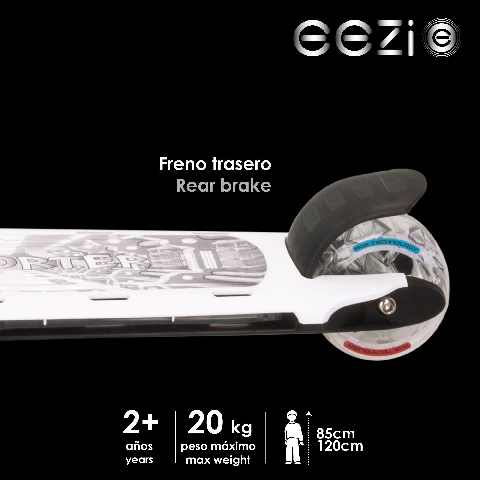 Trotinete EEZI branca de 3 rodas com luzes multicoloridas personalizáveis