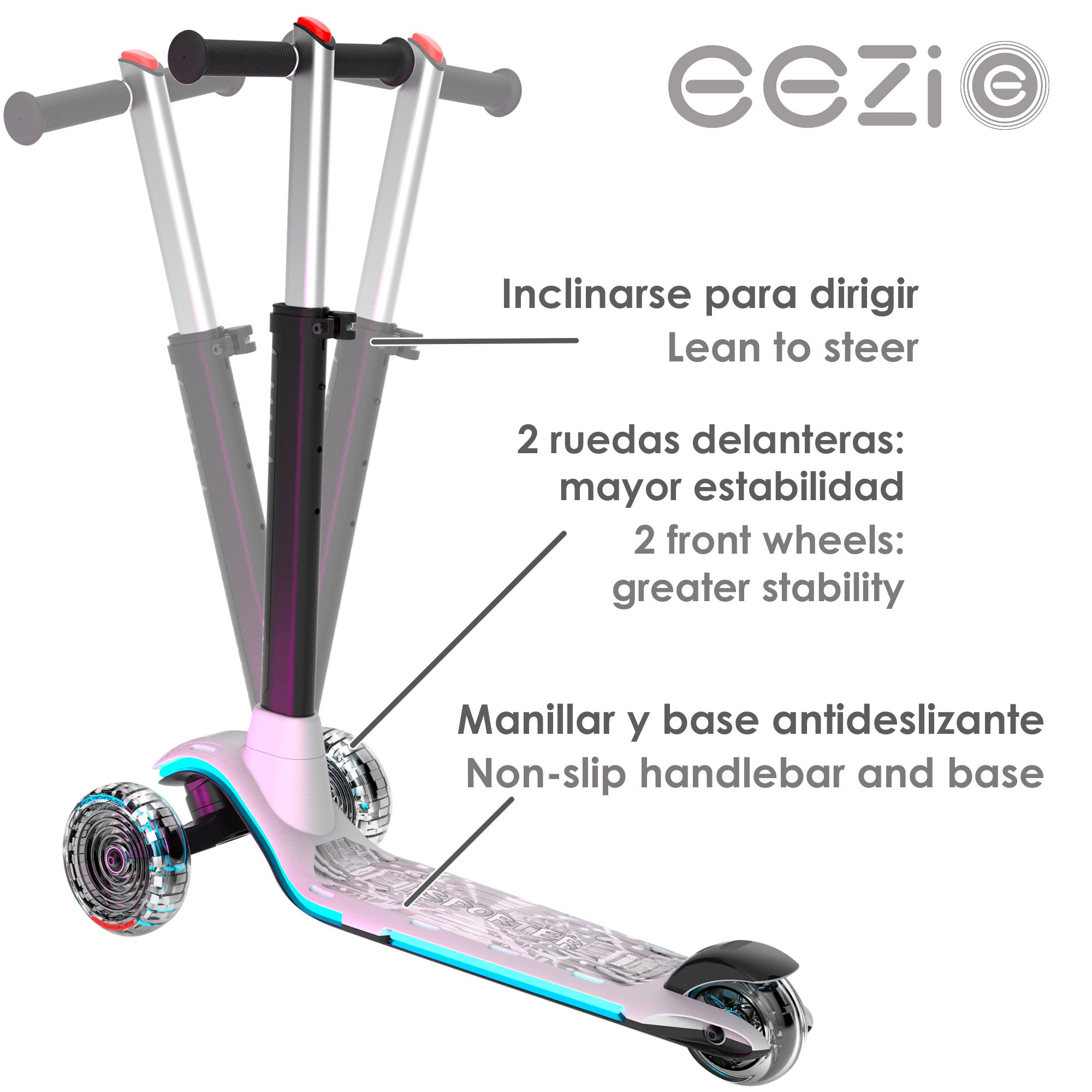 Trotinete EEZI branca de 3 rodas com luzes multicoloridas personalizáveis