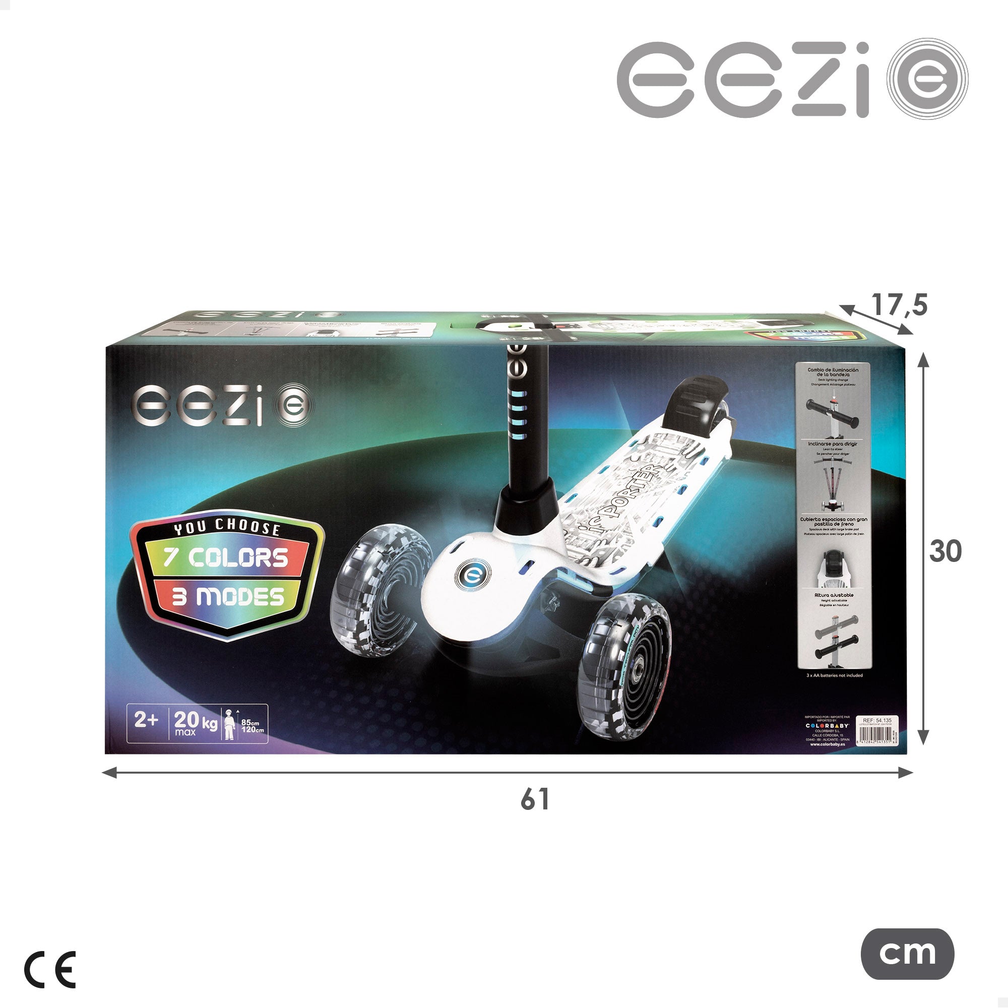 Trotinete EEZI branca de 3 rodas com luzes multicoloridas personalizáveis