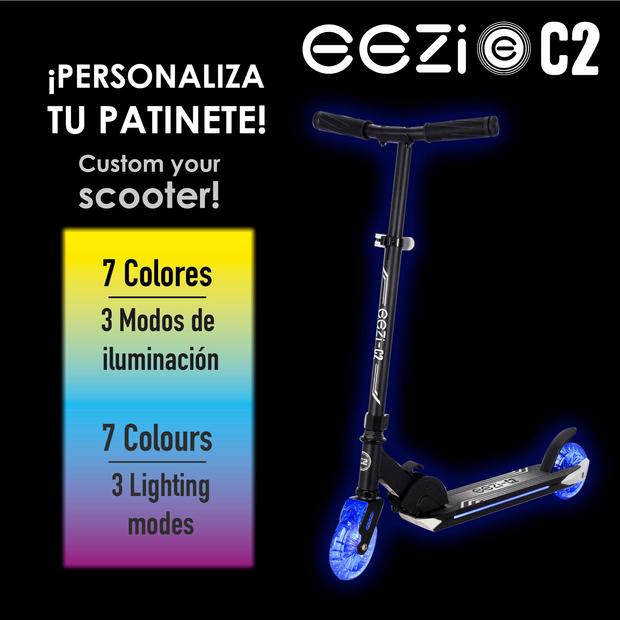 Trotinete dobrável EEZI preta de 2 rodas com luzes personalizáveis