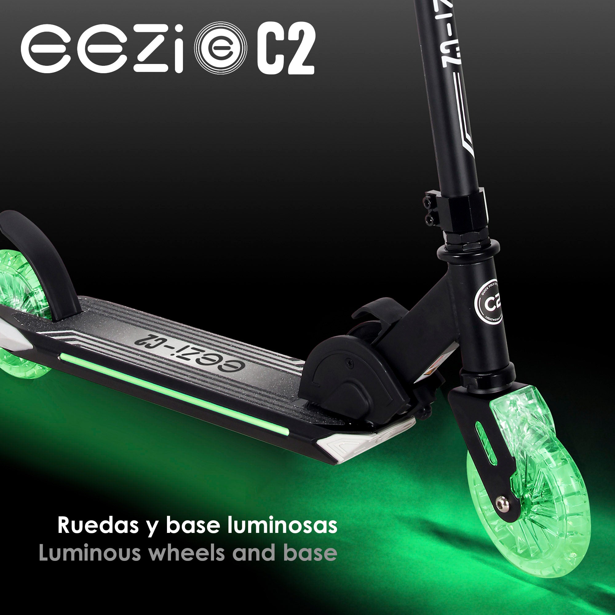 Trotinete dobrável EEZI preta de 2 rodas com luzes personalizáveis
