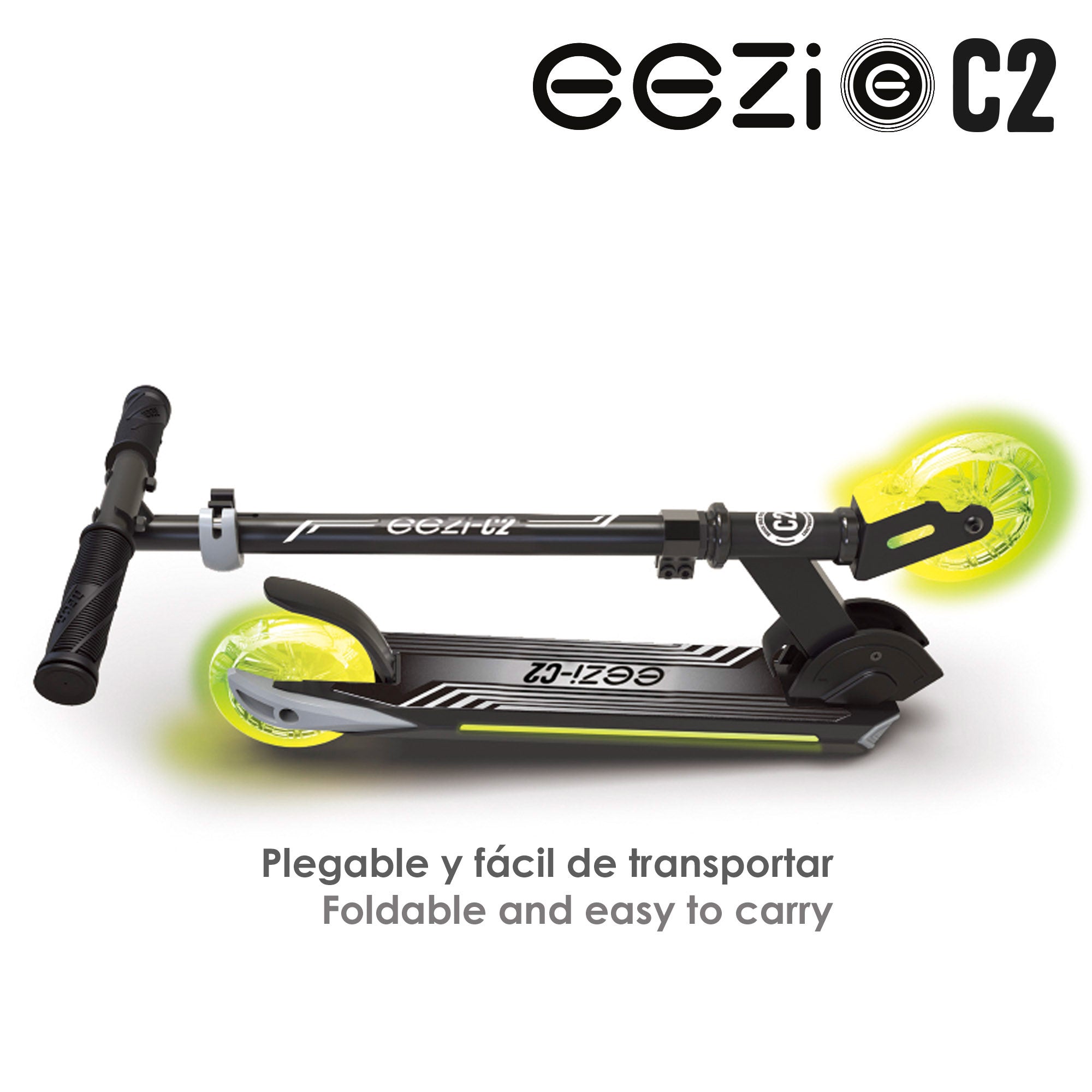 Trotinete dobrável EEZI preta de 2 rodas com luzes personalizáveis