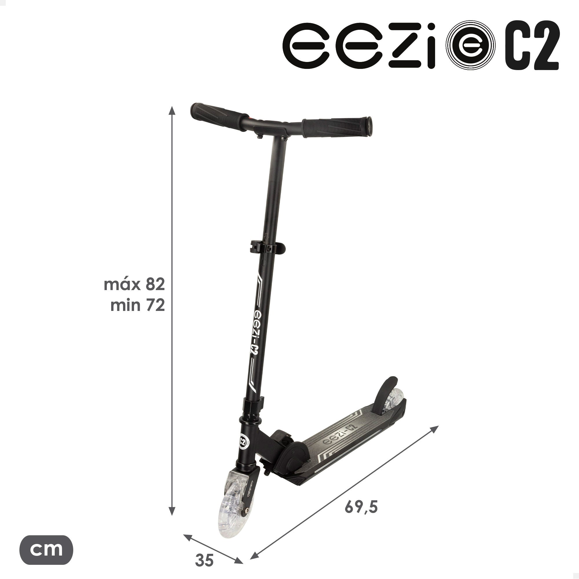 Trotinete dobrável EEZI preta de 2 rodas com luzes personalizáveis