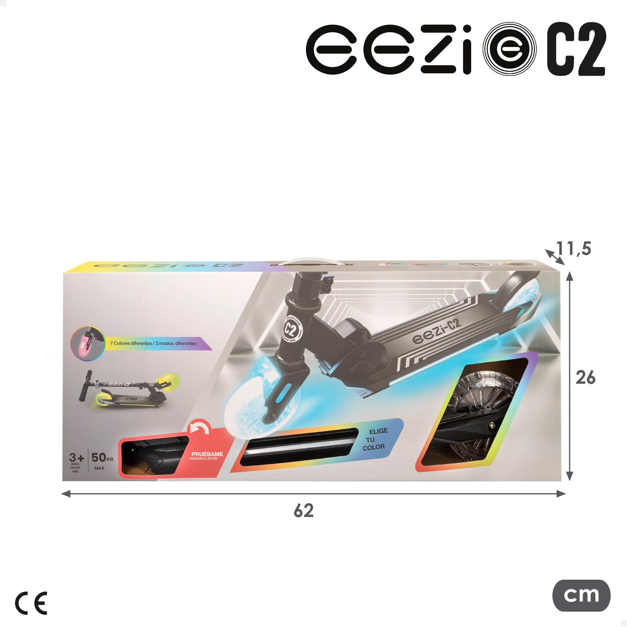 Trotinete dobrável EEZI preta de 2 rodas com luzes personalizáveis