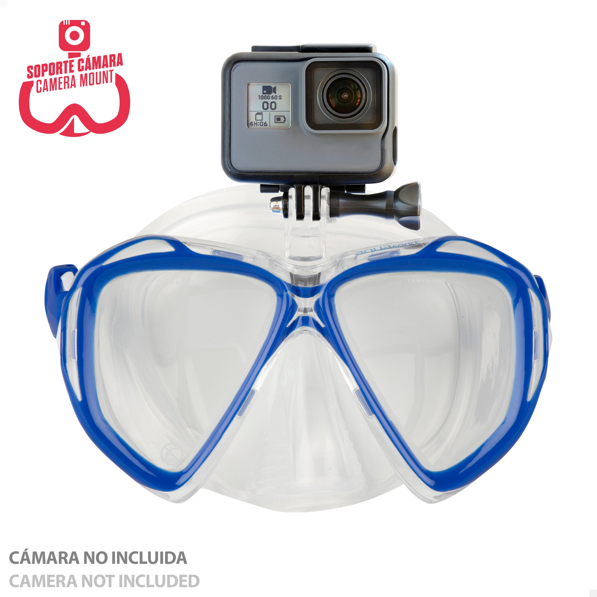 Conjunto Aqua Sport para adulto com máscara de mergulho, snorkel e suporte para câmara.