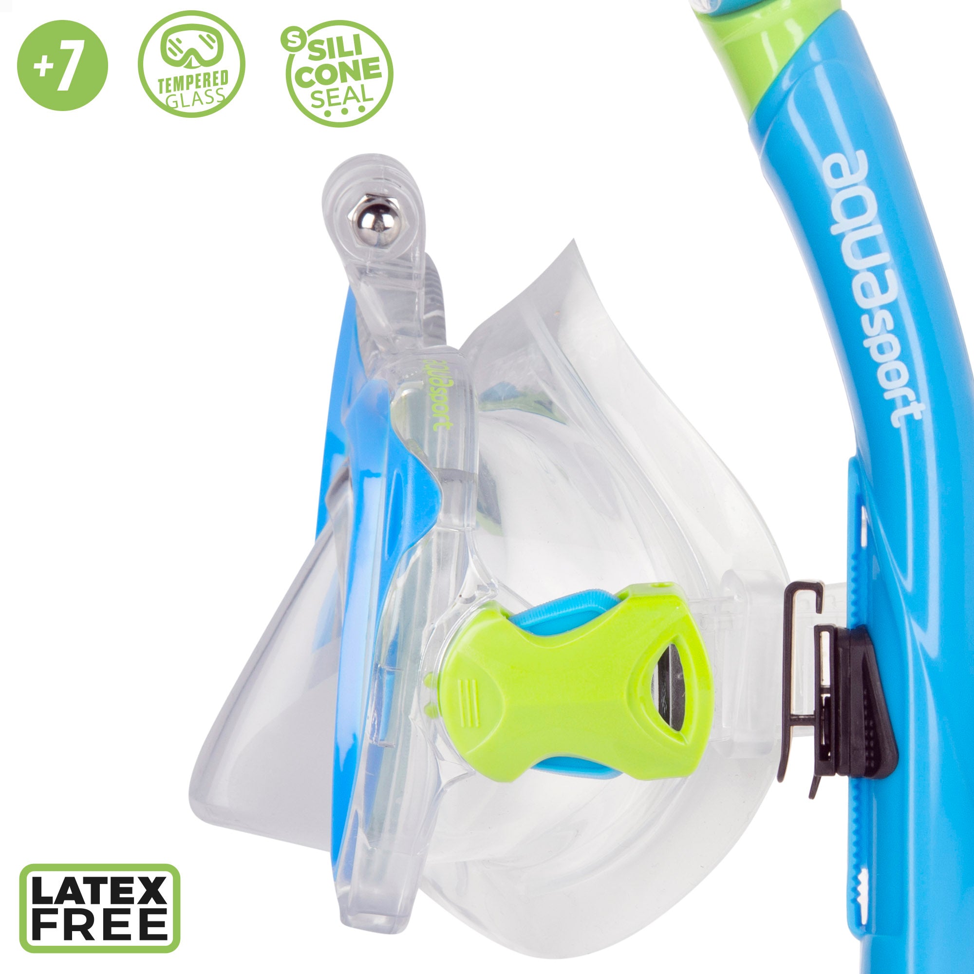 Conjunto de óculos de mergulho e snorkel para crianças para desportos aquáticos com suporte para câmara.