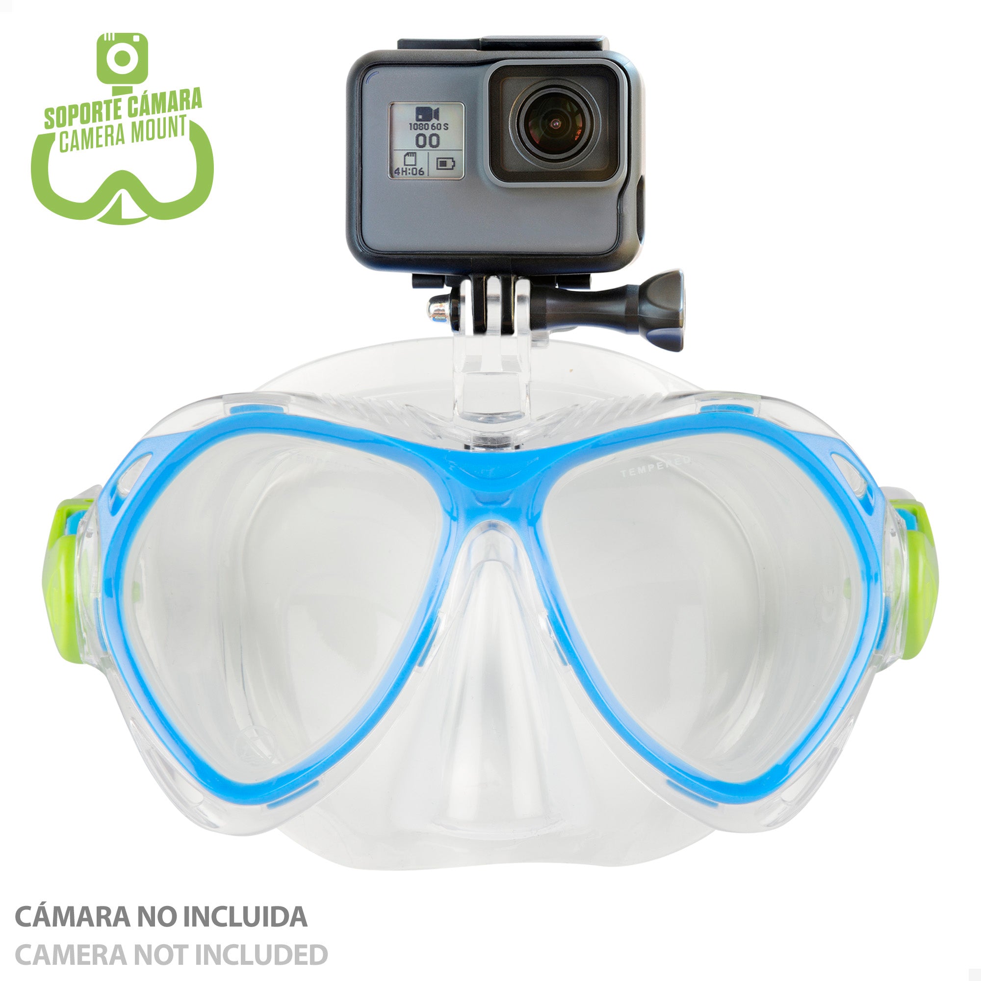 Conjunto de óculos de mergulho e snorkel para crianças para desportos aquáticos com suporte para câmara.