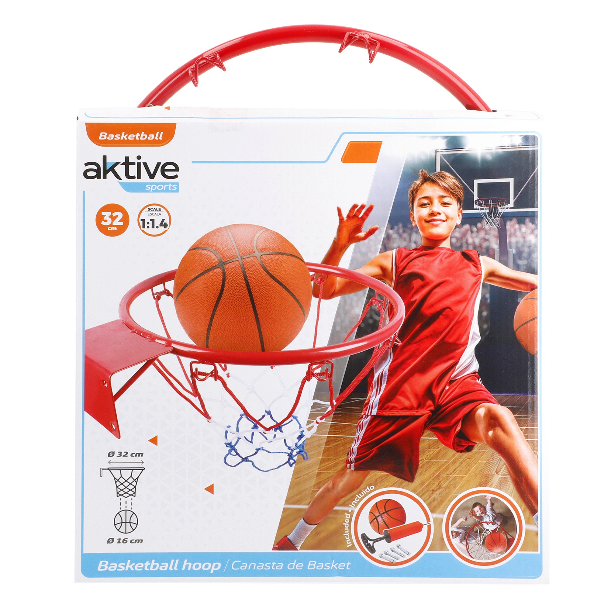 Cesta de basquetebol de parede Aktive de 32 cm com bola e bomba.