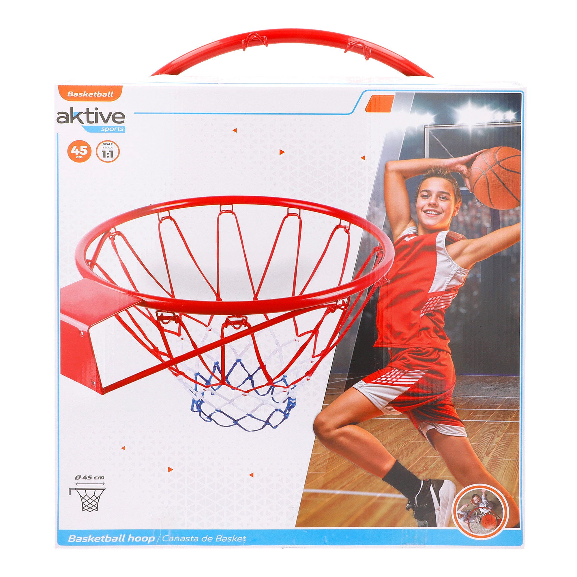 Cesta de basquetebol de parede Aktive de 45 cm com bola e bomba.