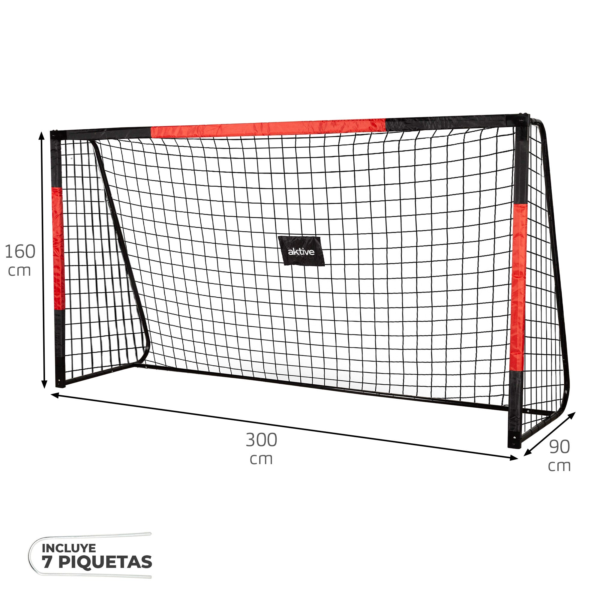 Trave de futebol Aktive de 3m em aço com rede reforçada e 7 estacas.