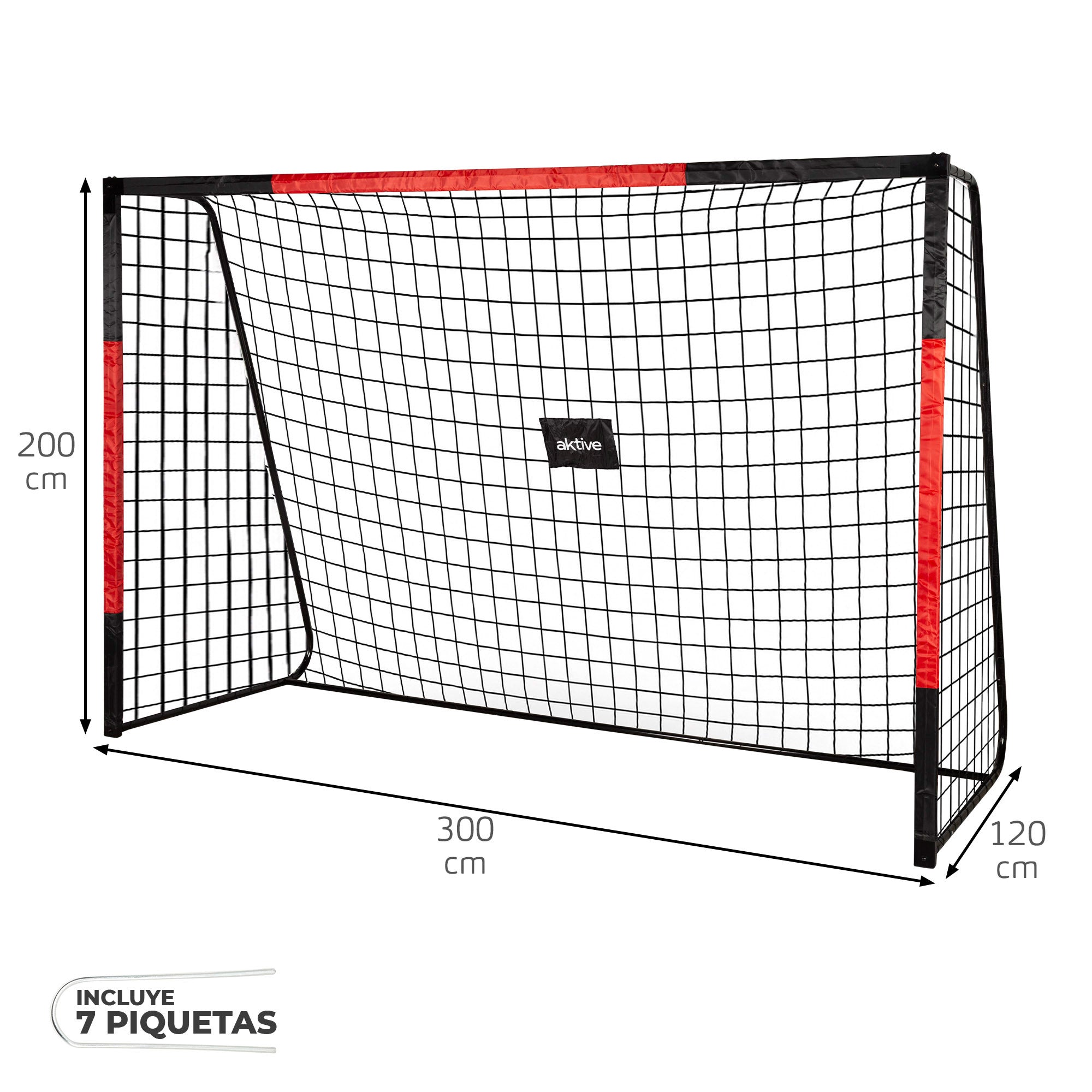 Trave de futebol Aktive de 3m em aço com rede resistente e 7 estacas.