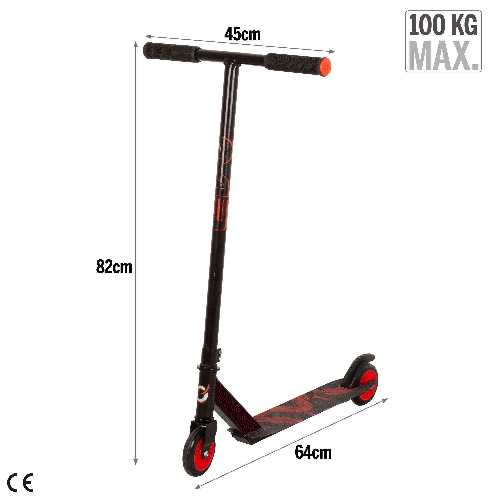 Trotinete infantil EVO com guiador giratório 360°, preto e vermelho.