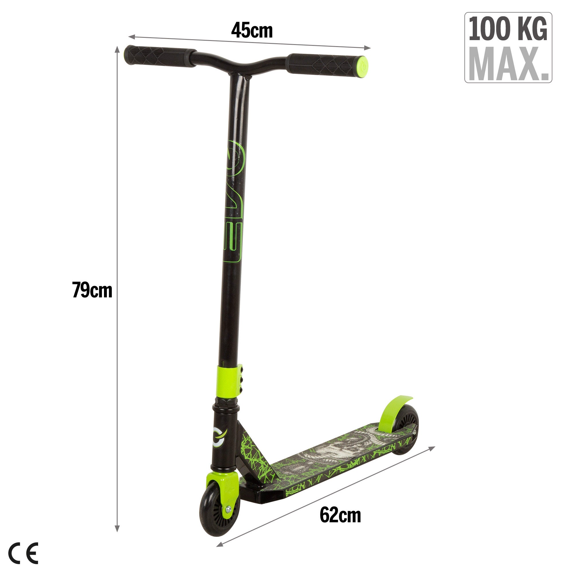 Trotinete infantil EVO com guiador giratório 360º, preto e verde.