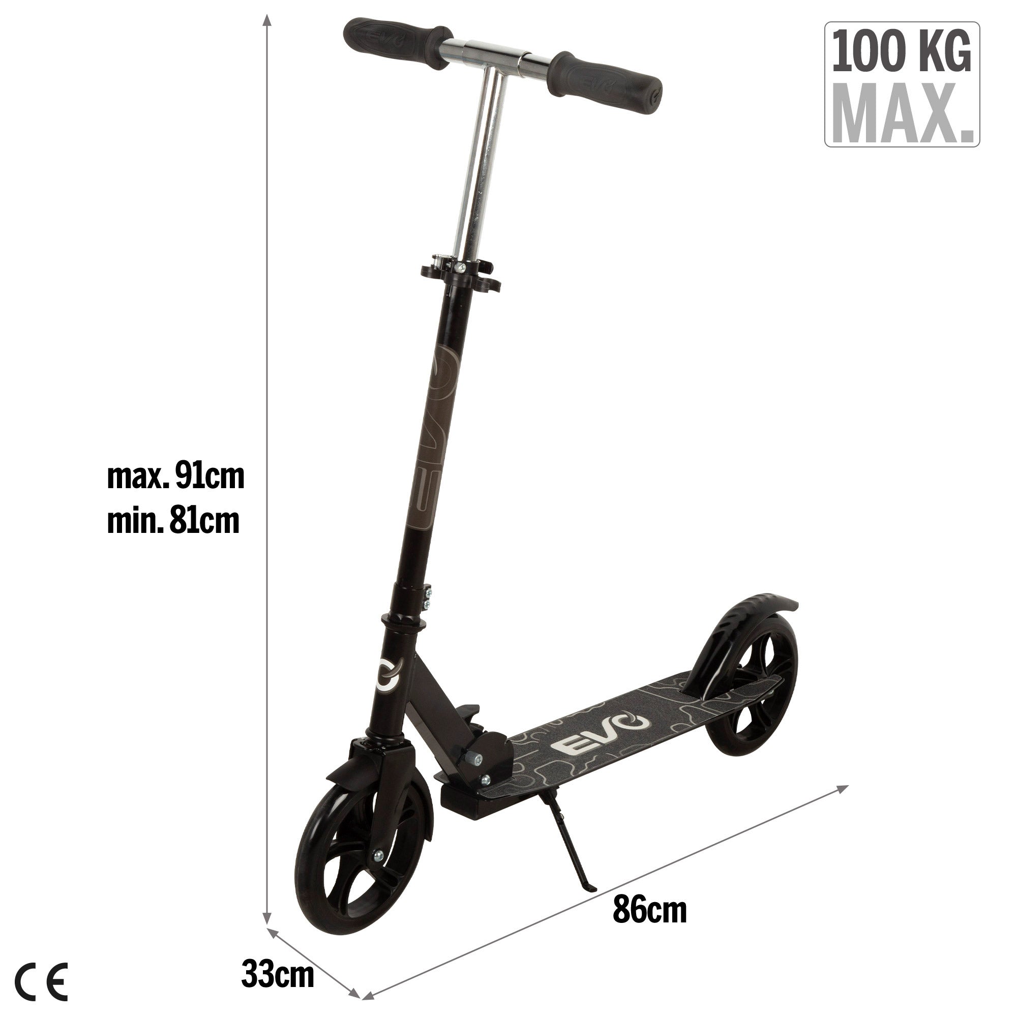 Trotinete EVO de 2 rodas, dobrável e com altura ajustável, preta.