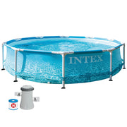 Piscina de praia desmontável redonda INTEX com estrutura metálica e bomba de filtro.
