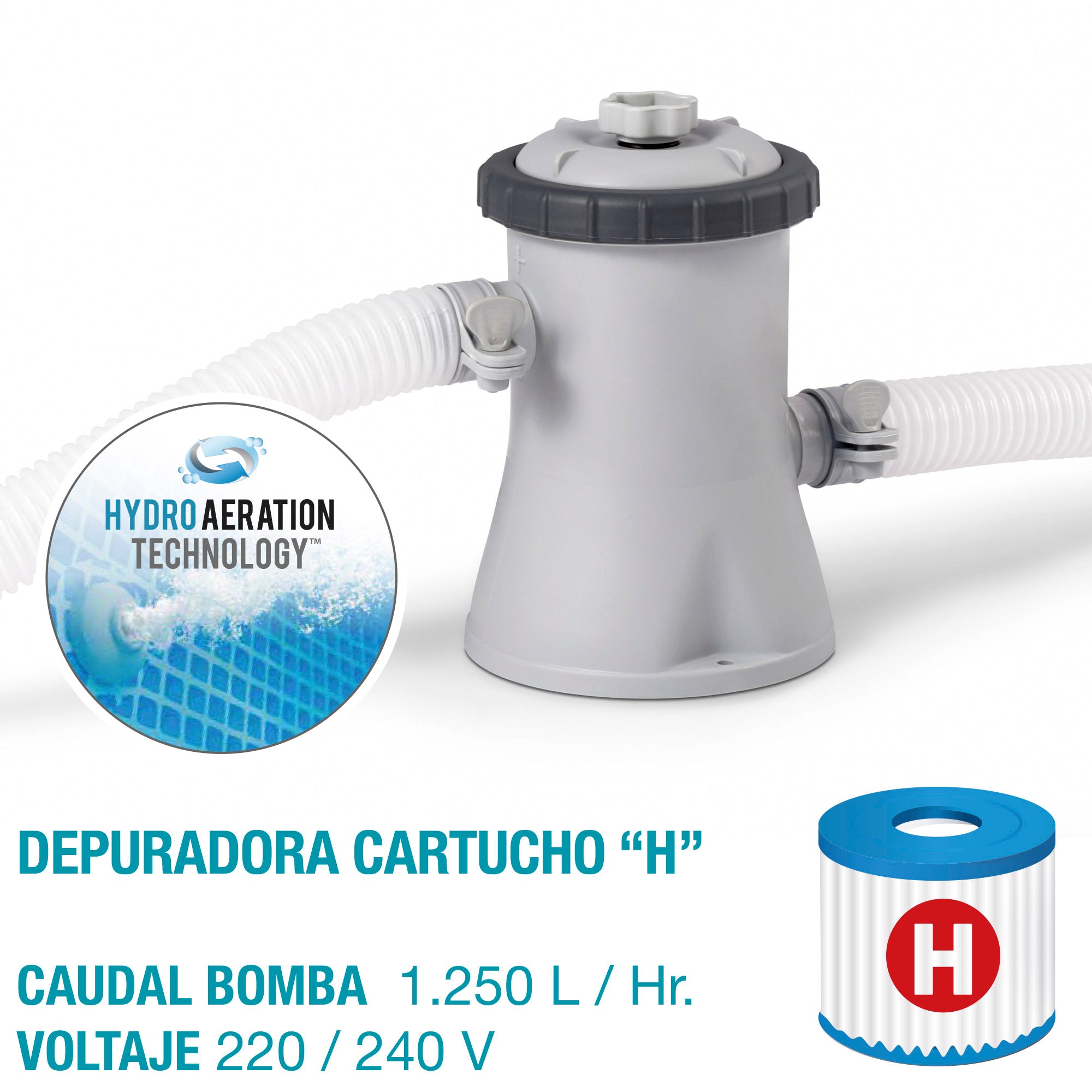 Piscina de praia desmontável redonda INTEX com estrutura metálica e bomba de filtro.