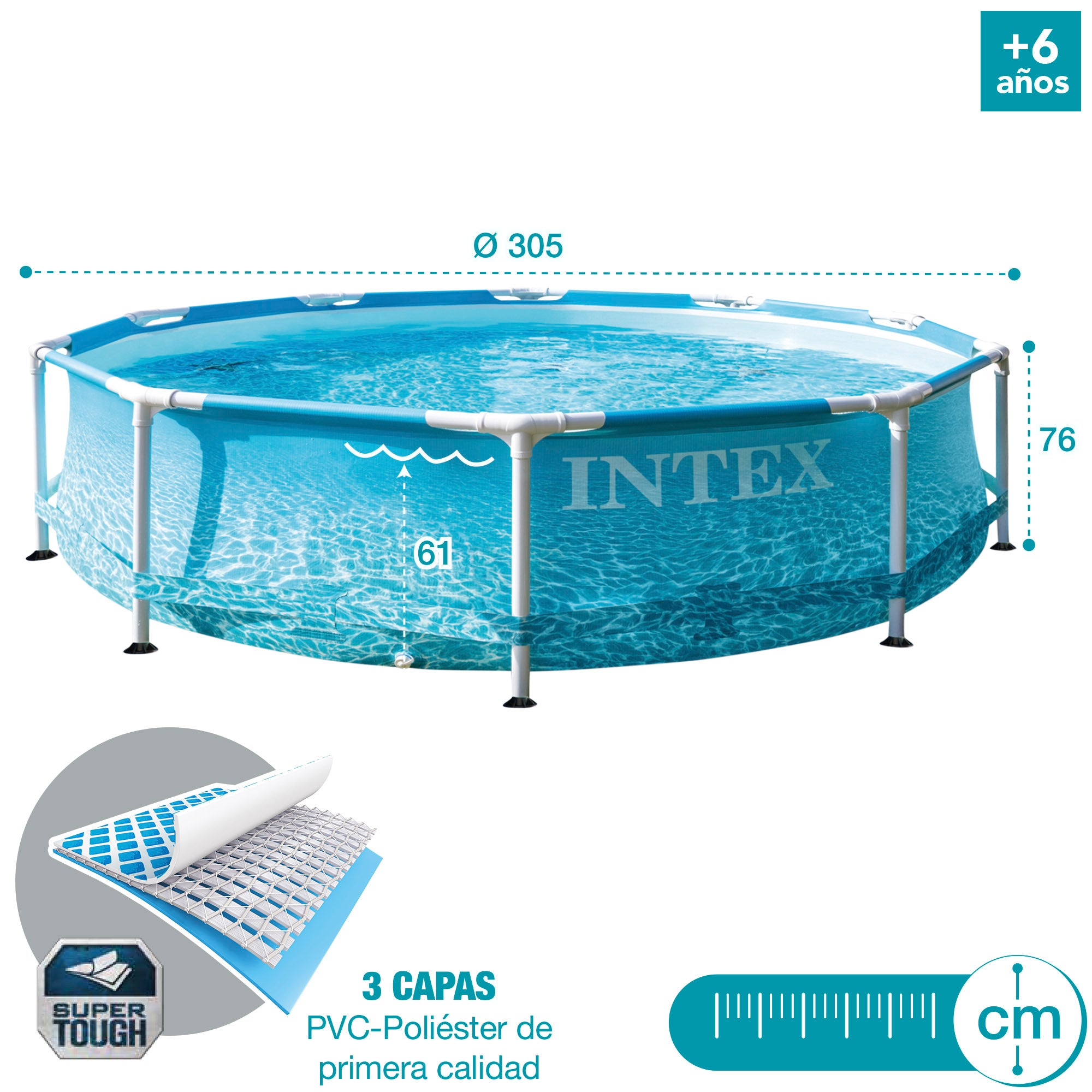 Piscina de praia desmontável redonda INTEX com estrutura metálica e bomba de filtro.