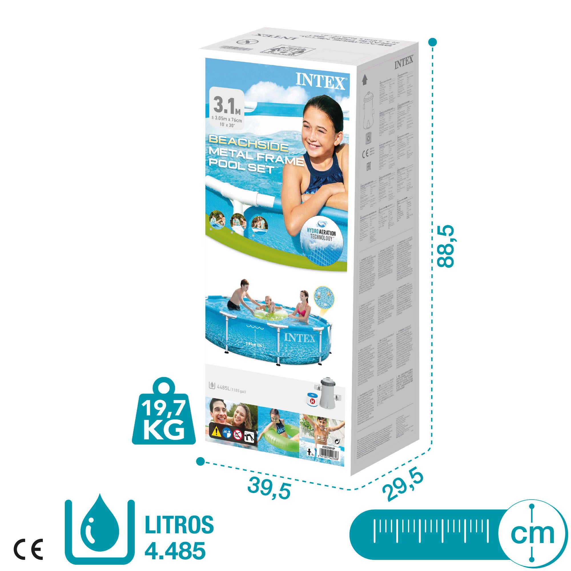 Piscina de praia desmontável redonda INTEX com estrutura metálica e bomba de filtro.