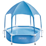 Piscina hexagonal INTEX de 700 litros para instalação acima do solo, com estrutura metálica e toldo amovível.