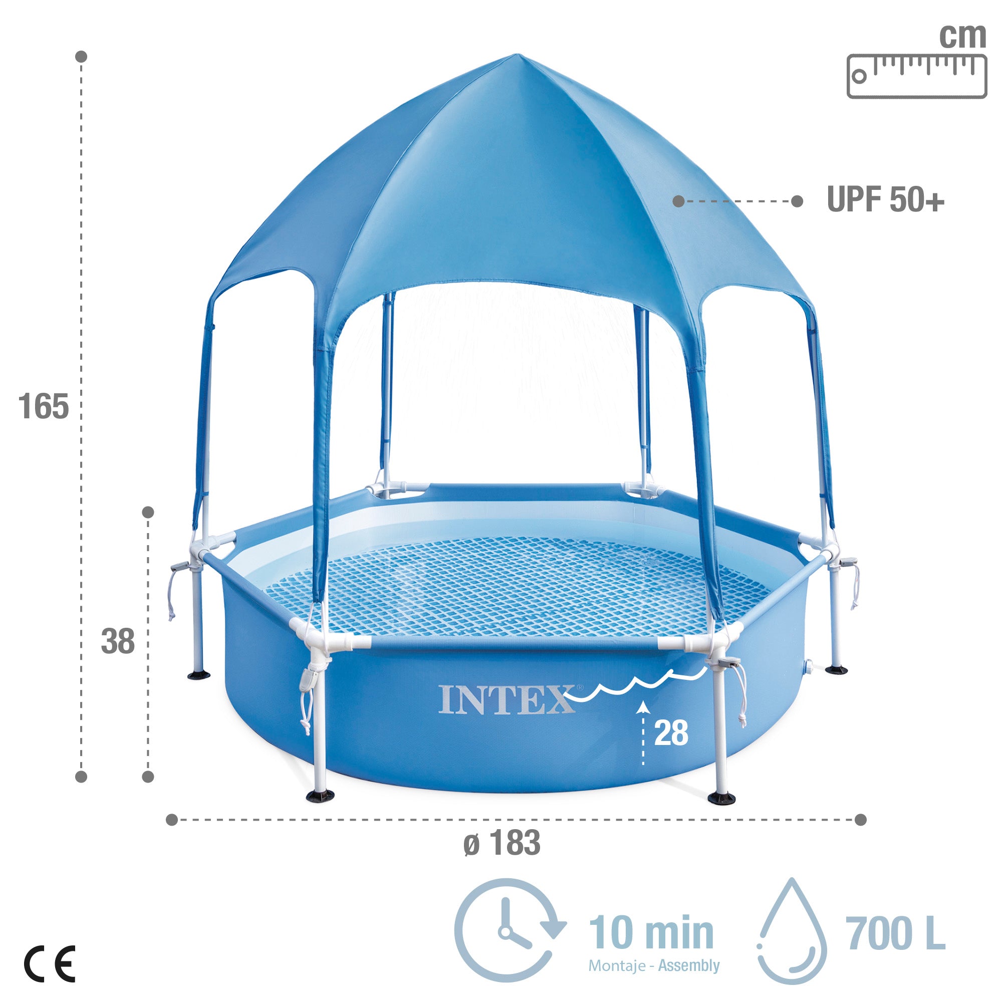 Piscina hexagonal INTEX de 700 litros para instalação acima do solo, com estrutura metálica e toldo amovível.