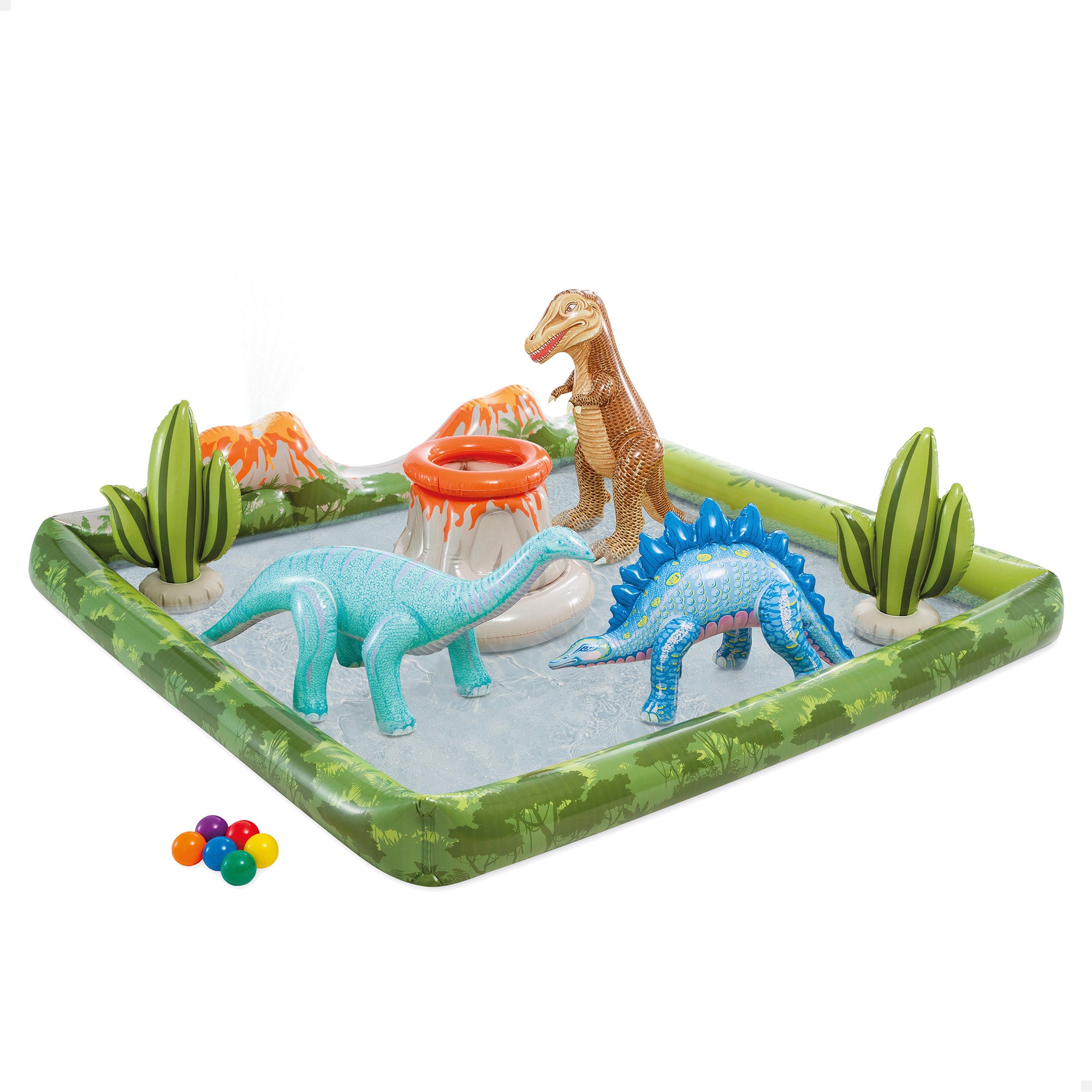 Centro de recreação aquática insuflável INTEX com tema de dinossauros, incluindo aspersor, piscina de bolas e brinquedos insufláveis.
